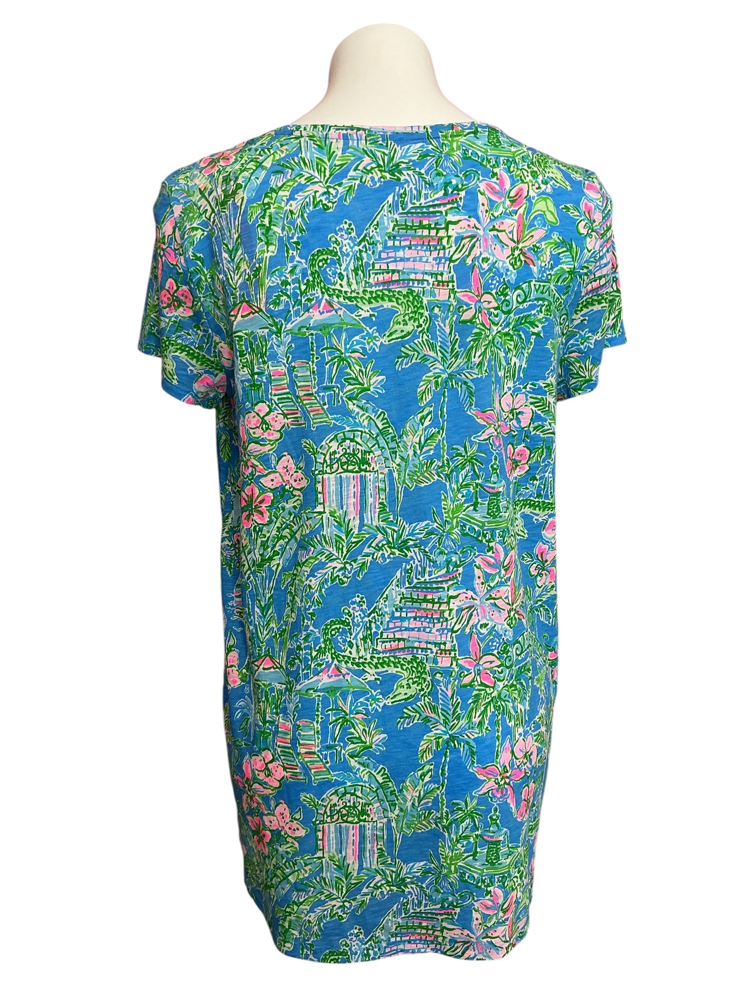 Lilly Pulitzer NWT Etta V Neck Top Boca Blue Beneath The Bougainvillea- Size L