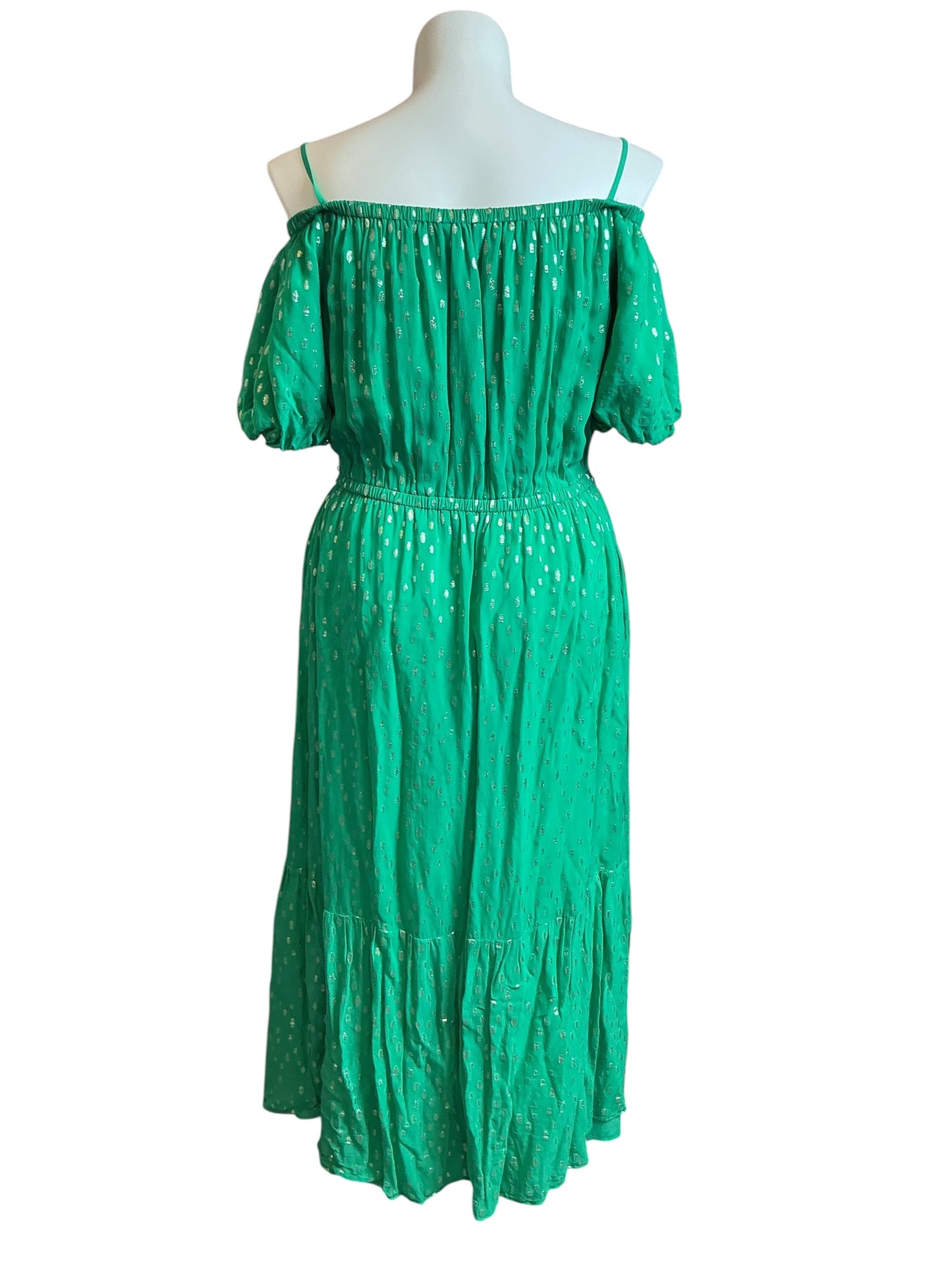 Lilly Pulitzer Tamie Off-The-Shoulder Midi Botanical Green Viscose Metallic Clip Dress - Size XL
