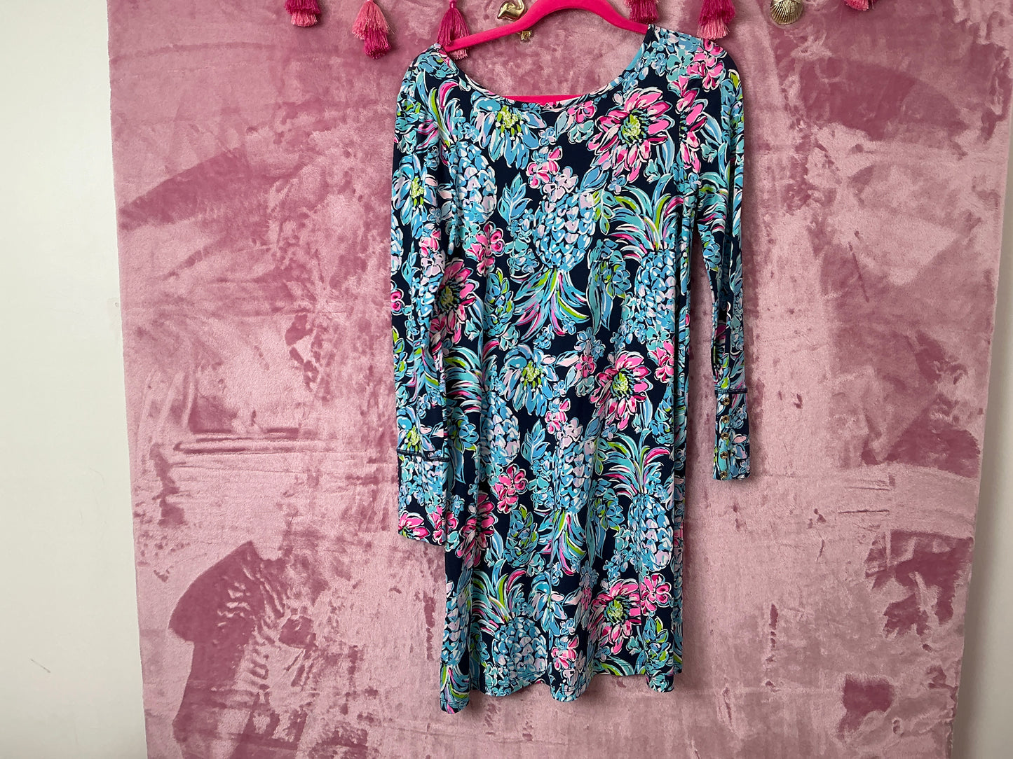 Lilly Pulitzer NWT Kaisley Dual-Neck UPF 50+ Dress High Tide Navy Pineapple Paradise - Size S