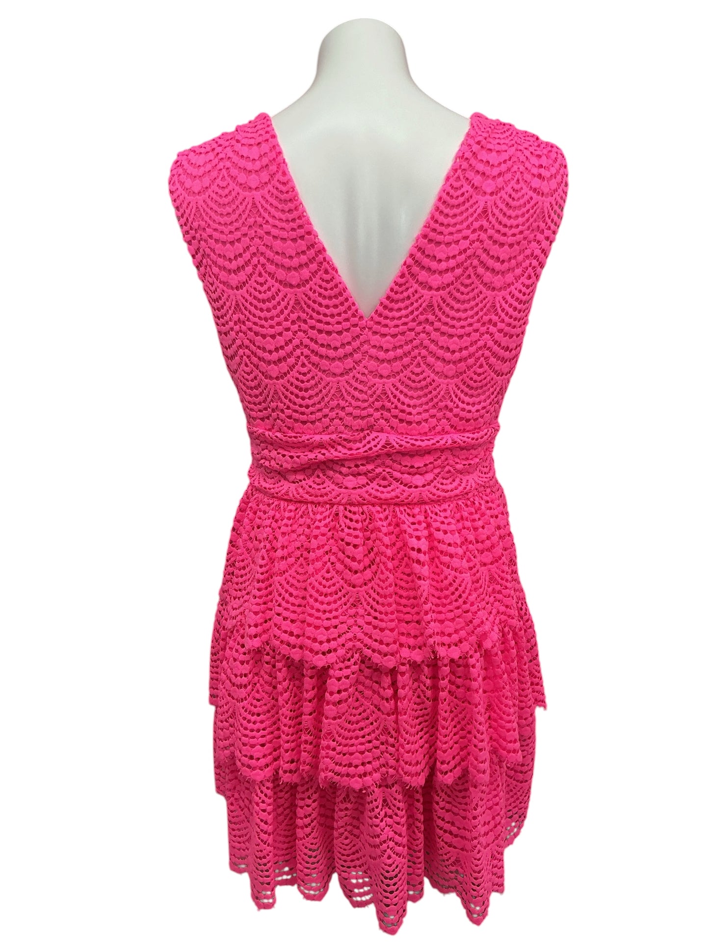 Lilly Pulitzer Faye V-Neck Lace Ruffle Dress Roxie Pink Scalloped Shell - Size L