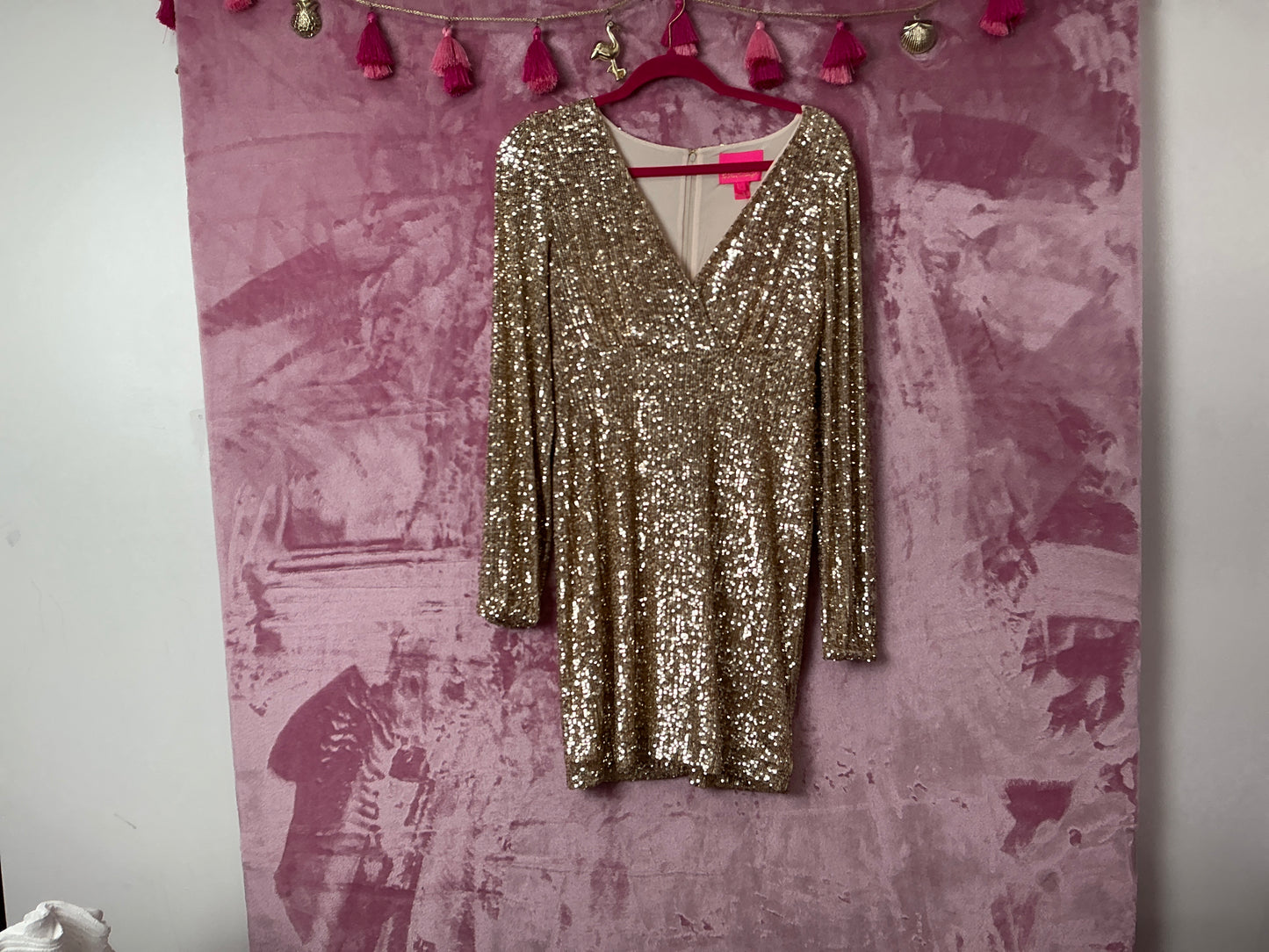 Lilly Pulitzer NWT Reagan Long Sleeve Seq Gold Metallic Treasure Box Sequin Kin - Size 2