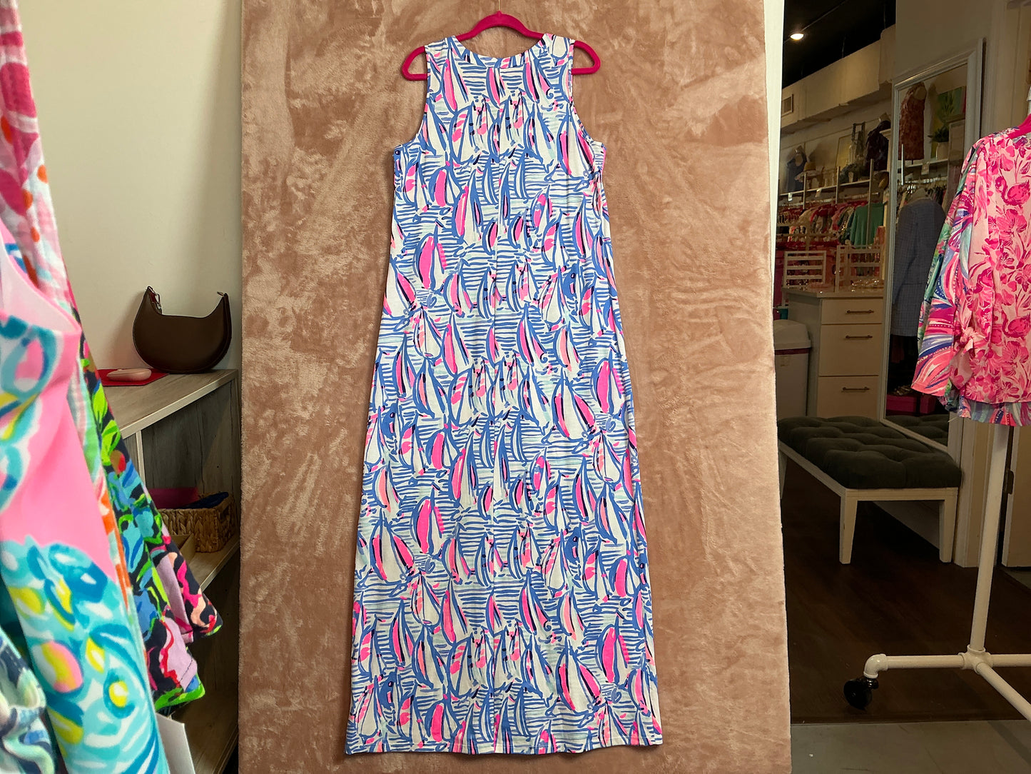 Lilly Pulitzer NWT Amina Maxi Dress Blue Haven Pop Up Red Right Return - Size L