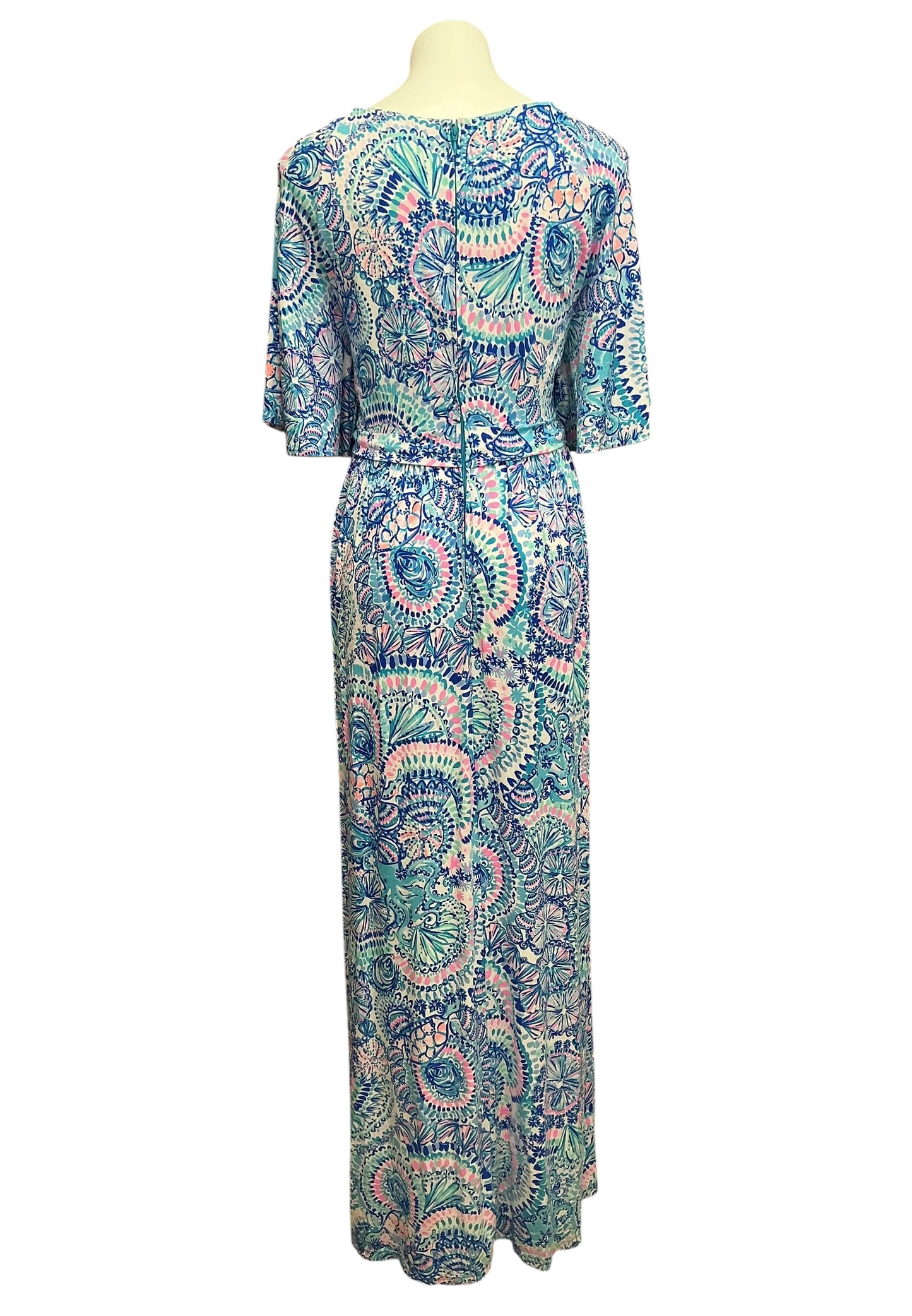 Lilly Pulitzer Minka Sleeved Maxi Dress Blue Grotto Commotion In The Ocean - Size 14