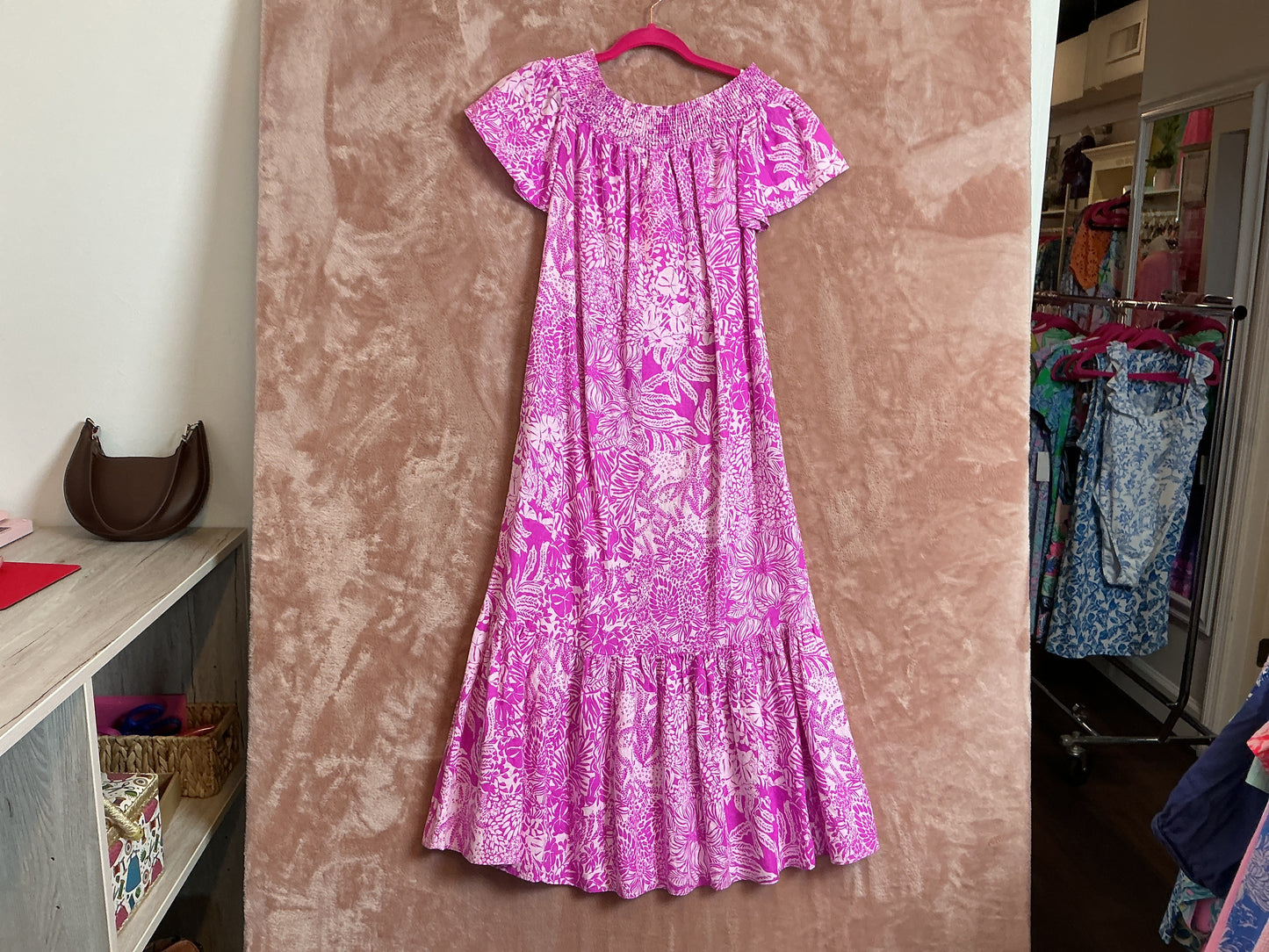 Lilly Pulitzer NWT Isbell Off The Shoulder Dress Wild Fuchsia Swipe Right -Size XS