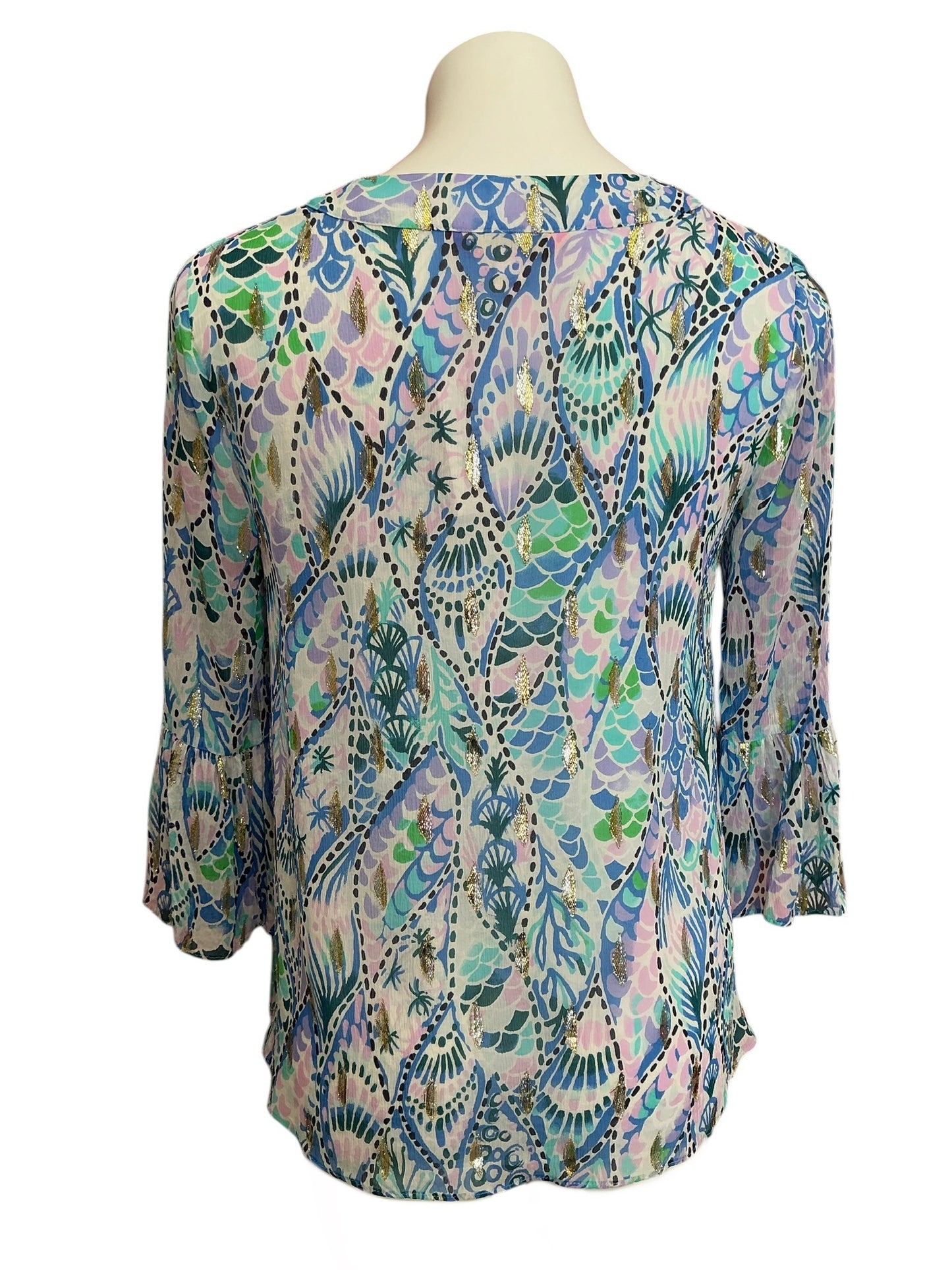 Lilly Pulitzer Elenora Silk Top Coastal Blue Tails Of The Sea - Size S