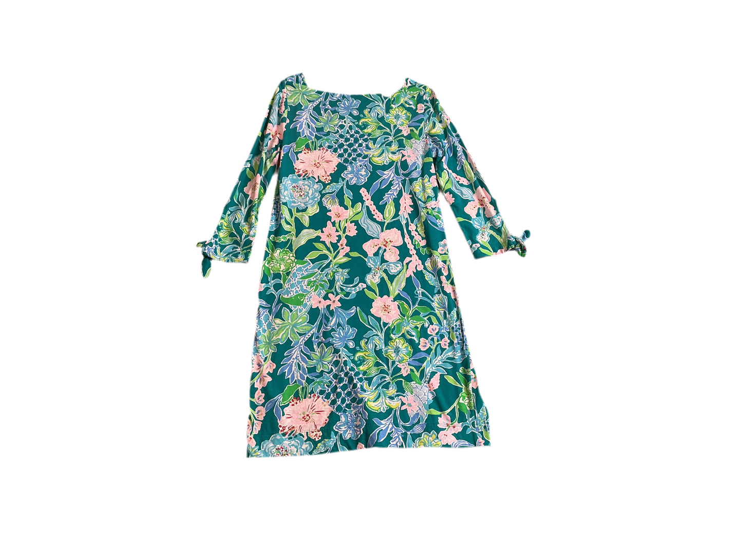 Lilly Pulitzer Lidia 3/4 Sleeve Boatneck Dress in the "Multi Hot On The Vine" print and cotton material. - XS