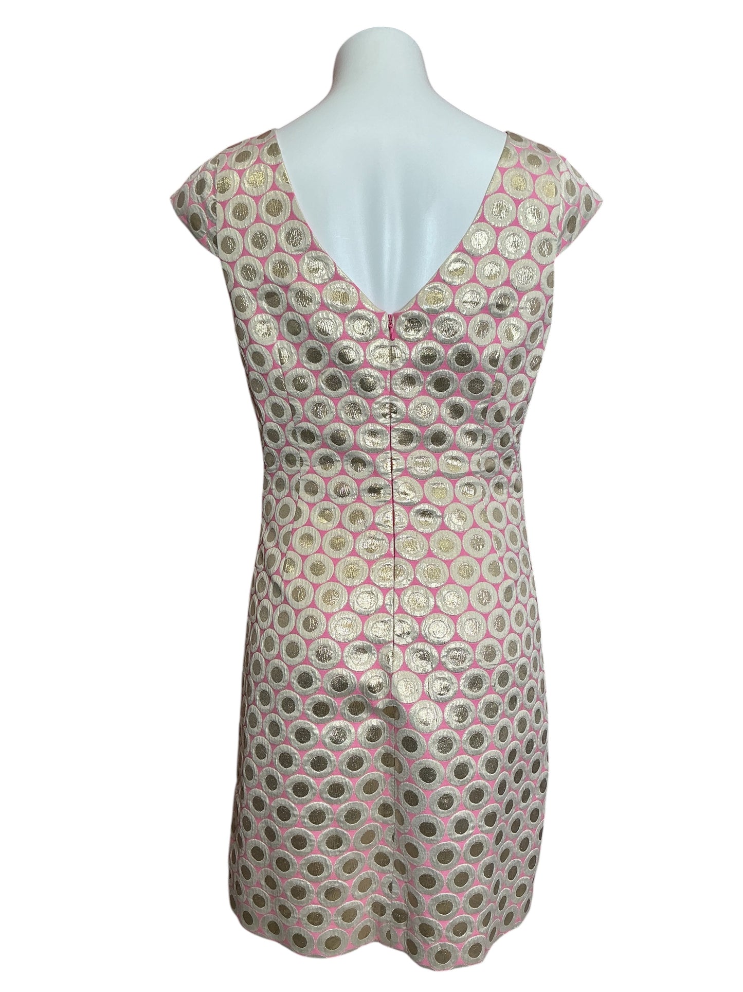Lilly Pulitzer Sleeveless V Neck Sheath Dress Pink And Silver Metallic Dot Jacquard - Size 8