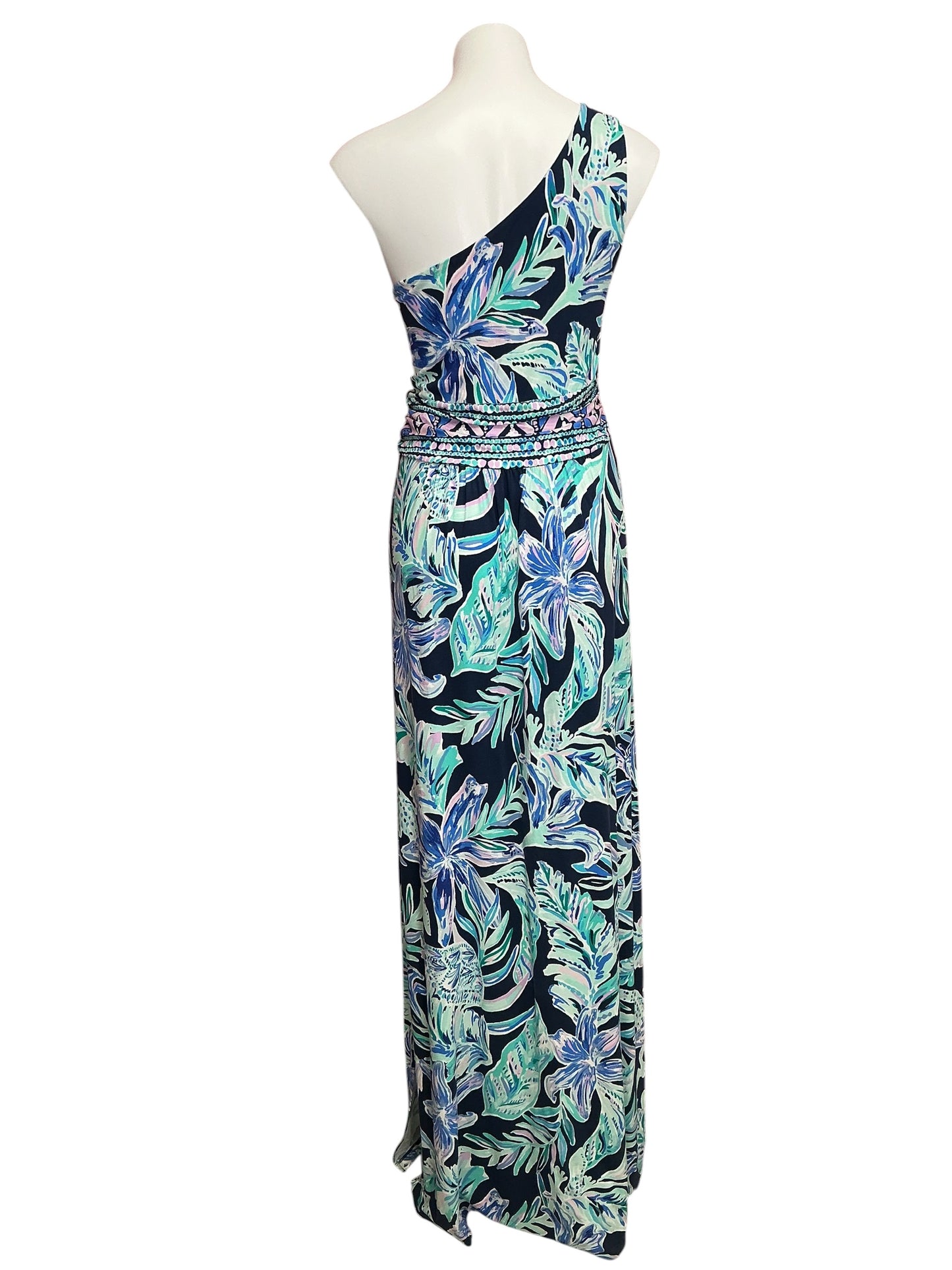 Lilly Pulitzer Malia One Shoulder Maxi Dress High Tide Navy Ready Set Gecko - Size L