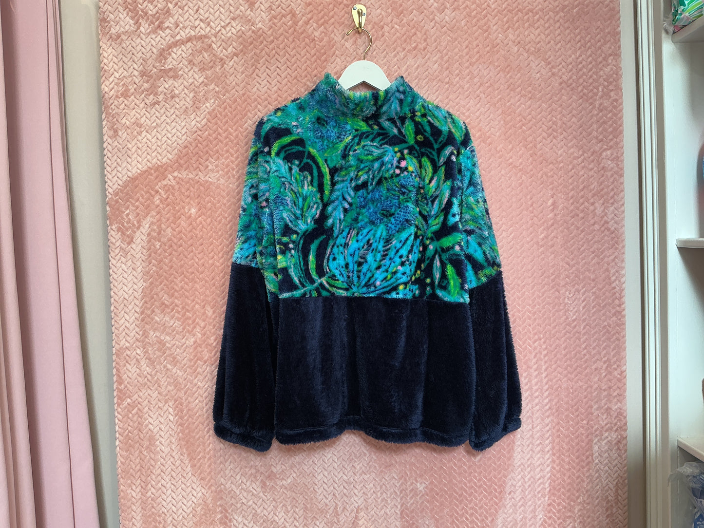 Lilly Pulitzer NWT Keala Sherpa Popover Low Tide Navy Catty Purrsonality Colorblock - Size XL