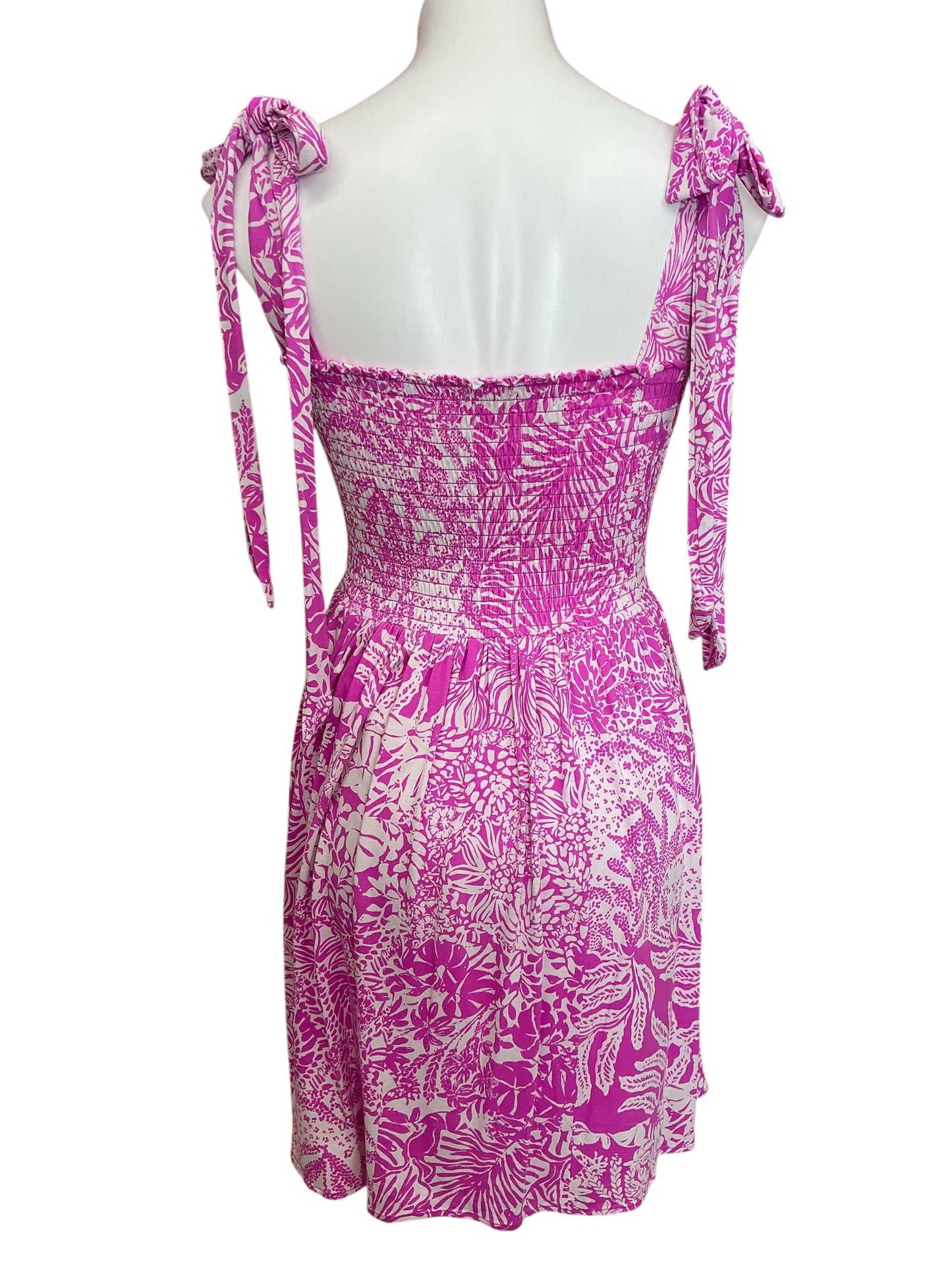 Lilly Pulitzer Rivera Smocked Romper Wild Fuchisa Swipe Right - Size M