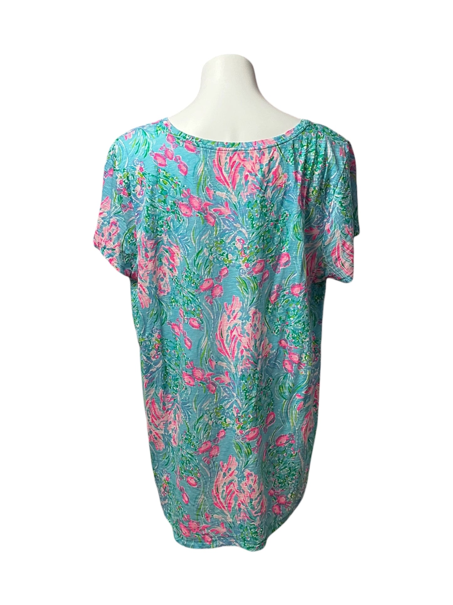 Lilly Pulitzer Etta V-Neck Top Amalfi Blue Best Fishes - Size XXL