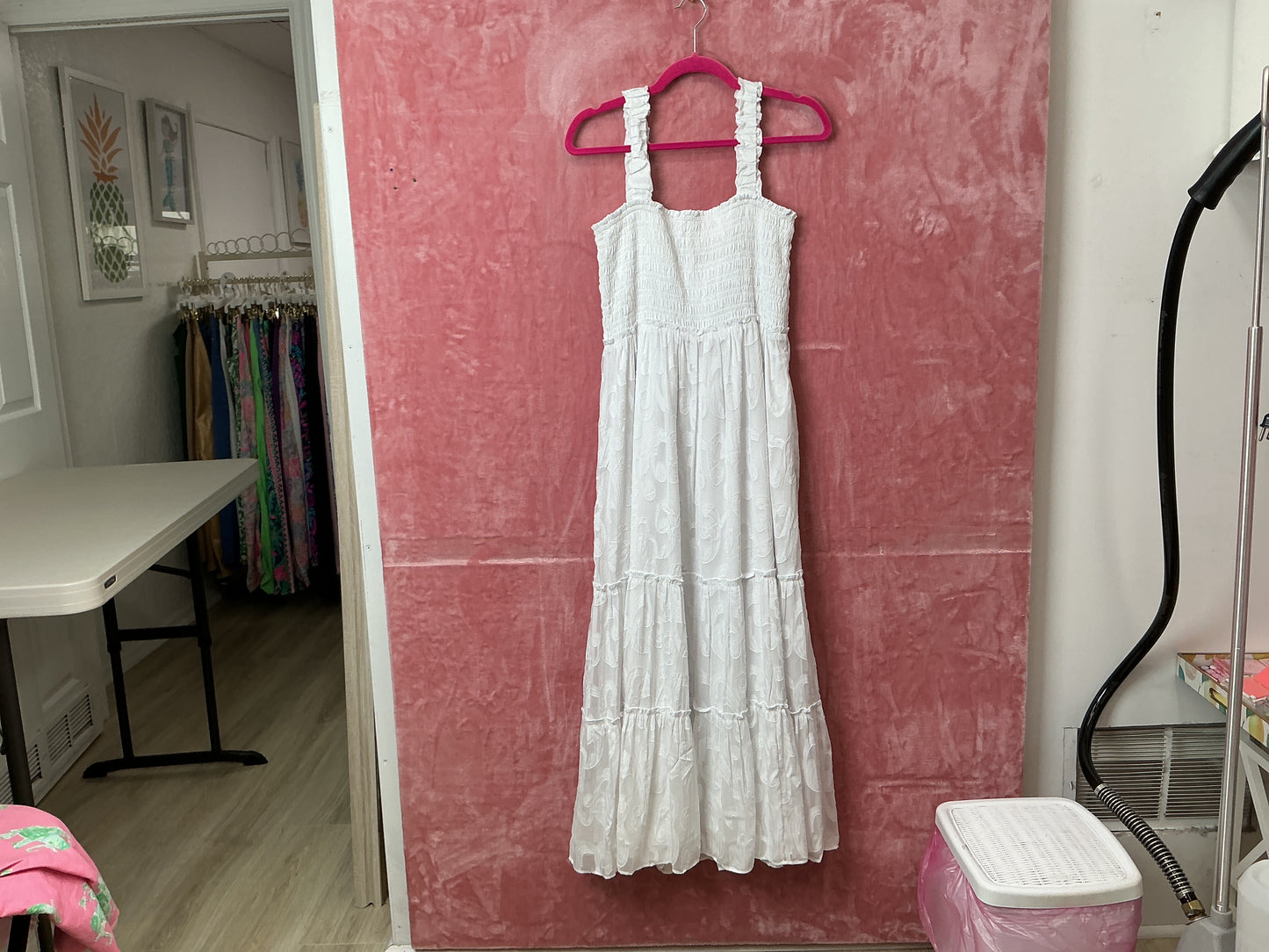 Lilly Pulitzer NWT Hadly Smocked Maxi Dre Resort White Poly Crepe Swirl Clip - Size L