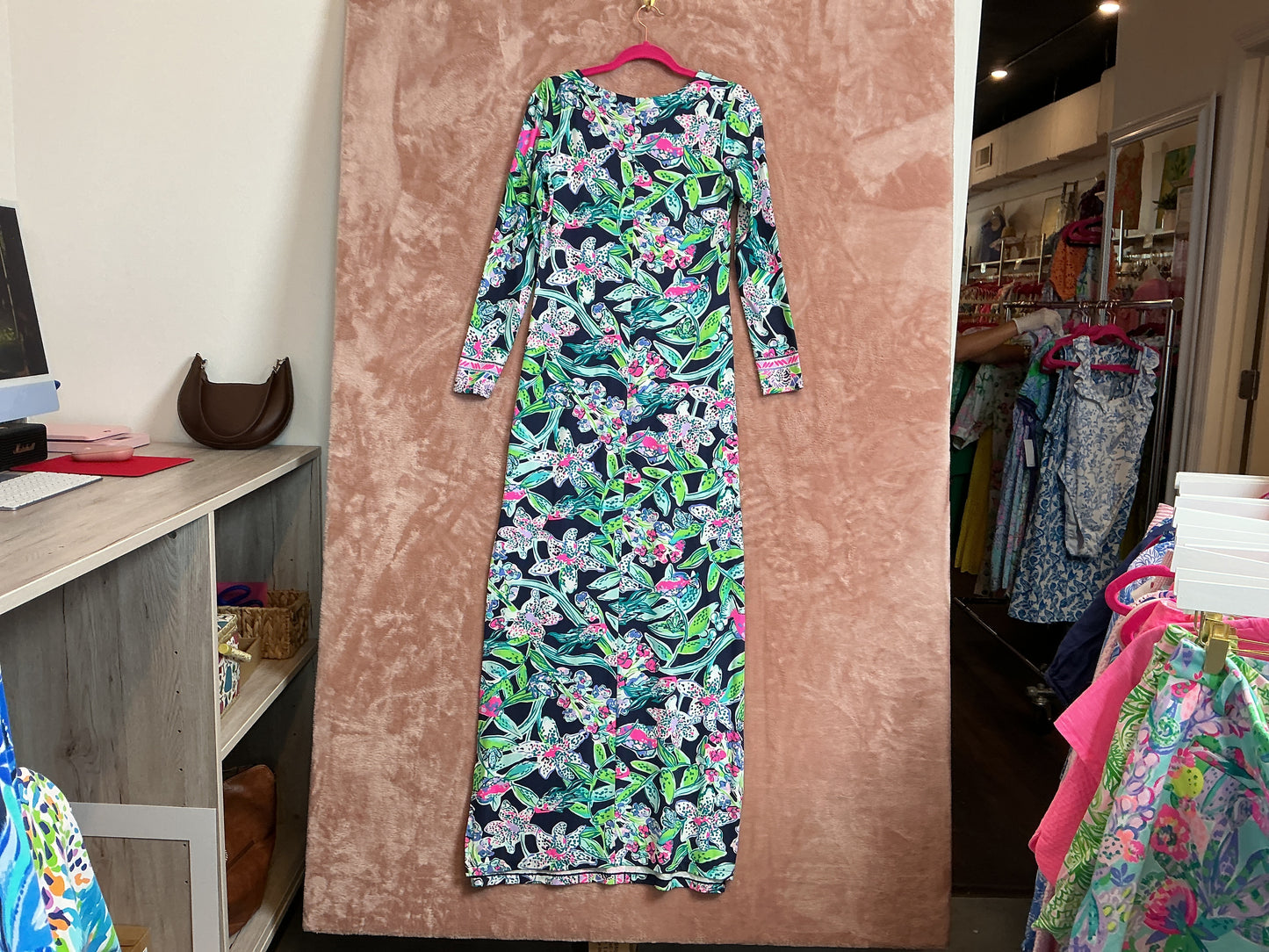 Lilly Pulitzer NWT UPF 50+ Faye Maxi Dress Bright Navy Sway This Way Engineered Maxi -Size XS