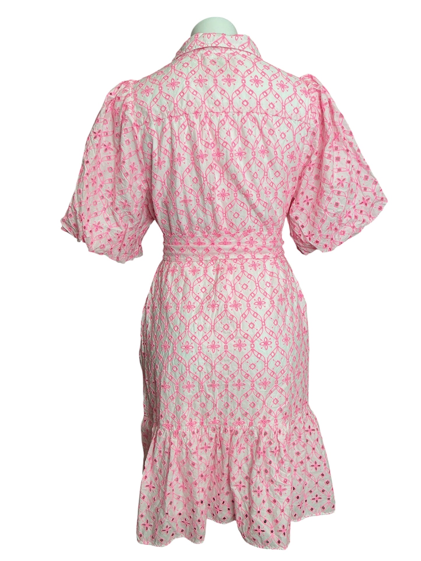 Lilly Pulitzer Cartley Elbow Sleeve Eyelet Shirtdress Resort White X Havana Pink Flutter Eyelet - Size 16