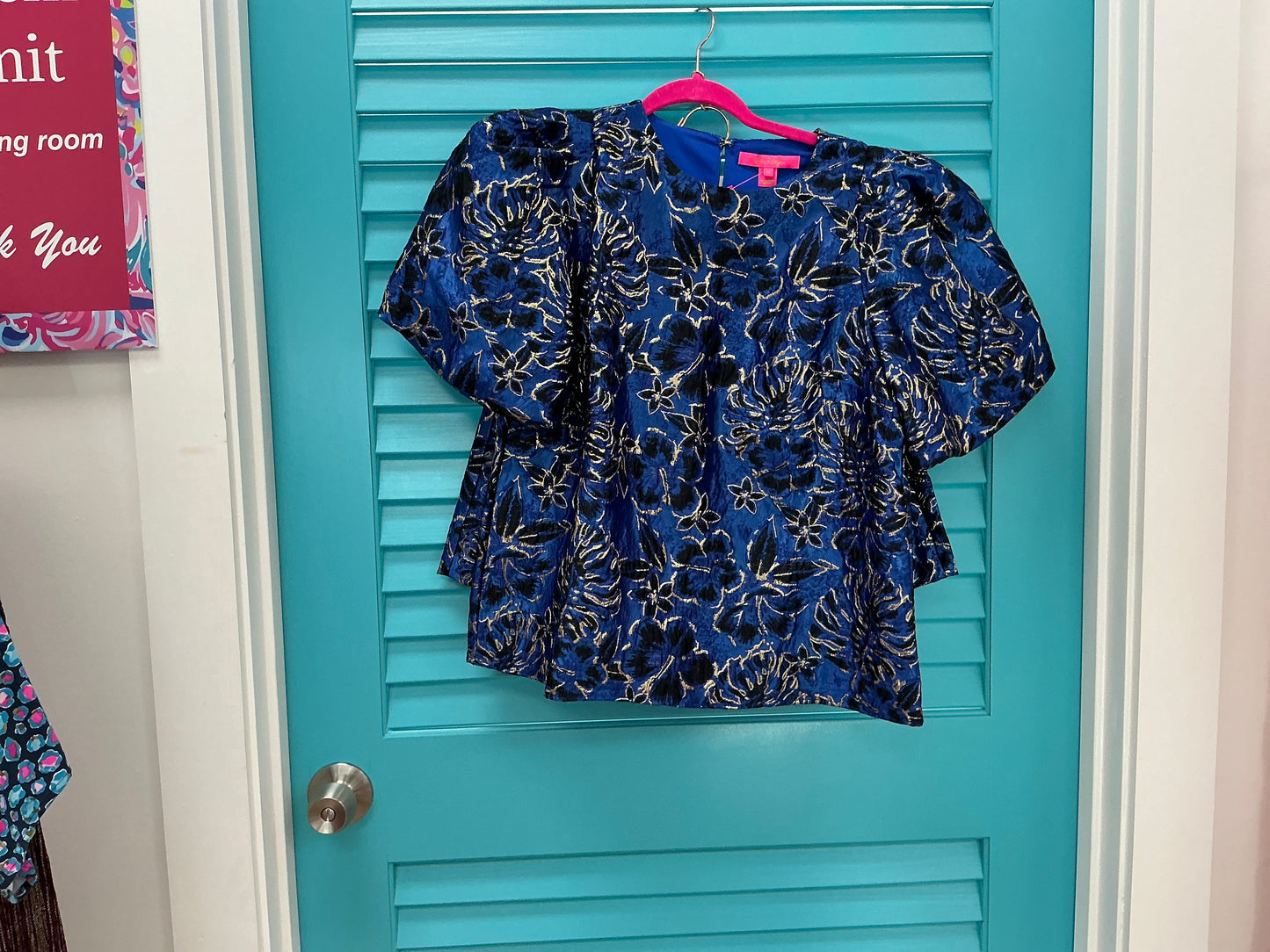 Lilly Pulitzer NWT Pratt Short Sleeve Top Blue Grotto Twilight Floral Brocad - Size M/6