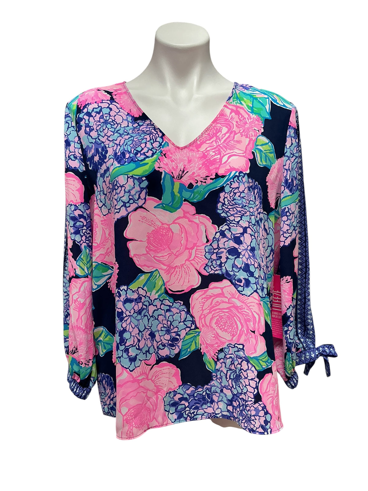 Lilly Pulitzer Aleah Top High Tide Navy Hey Hey Bouquet - Size L