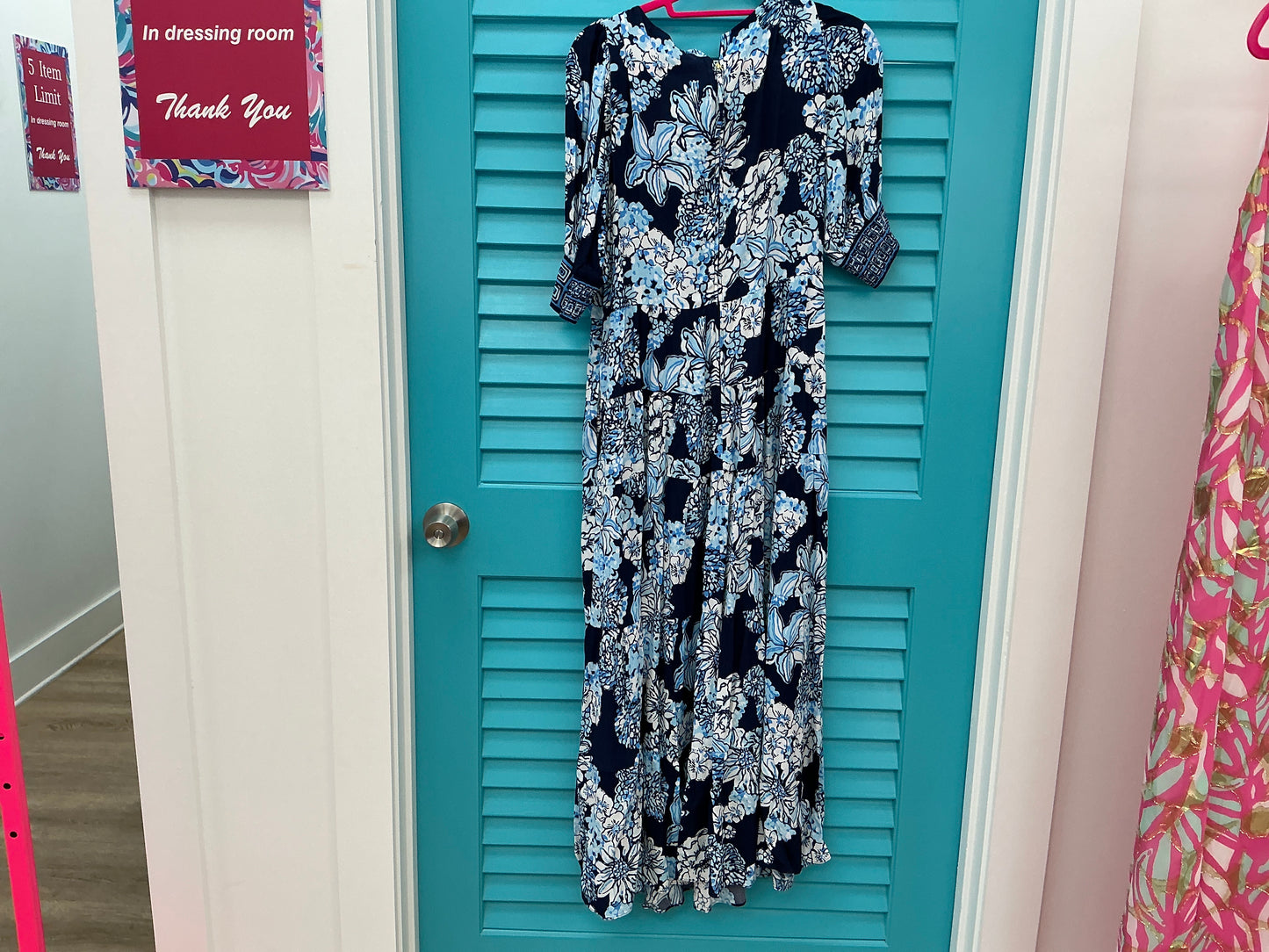 Lilly Pulitzer NWT Amelia Elbow Sleeve Midi Dress Low Tide Navy Bouquet All Day Engineered Woven Dress - Size 8