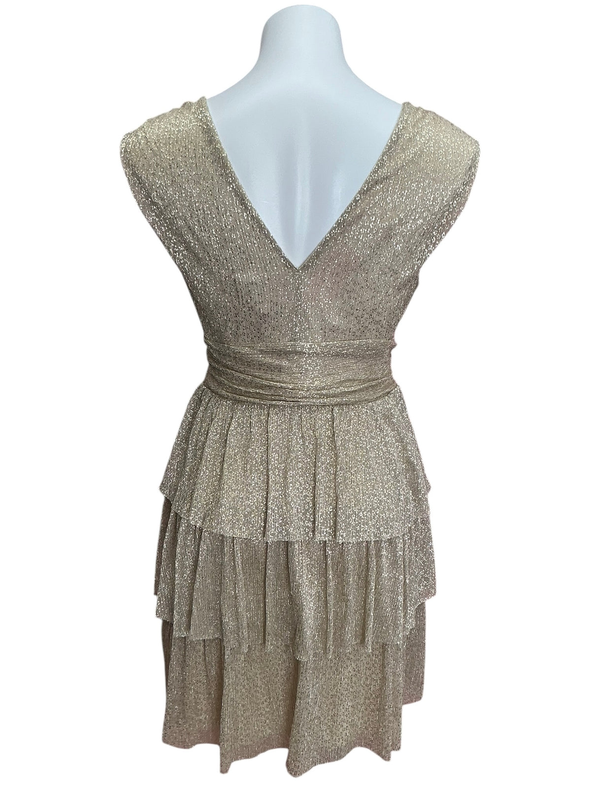 Lilly Pulitzer NWT Faye V Neck Ruffle Dress Gold Metallic Knit Crinkle - Size S