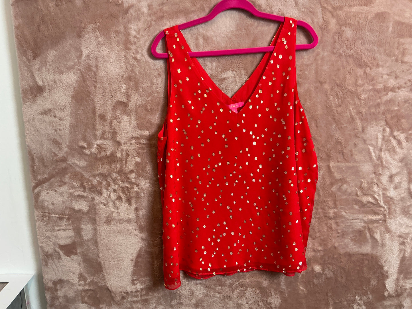 Lilly Pulitzer Top NWT - Florin Silk Sleeveless - Ruby Red - Gold Metallic Silk Clip - Size XL