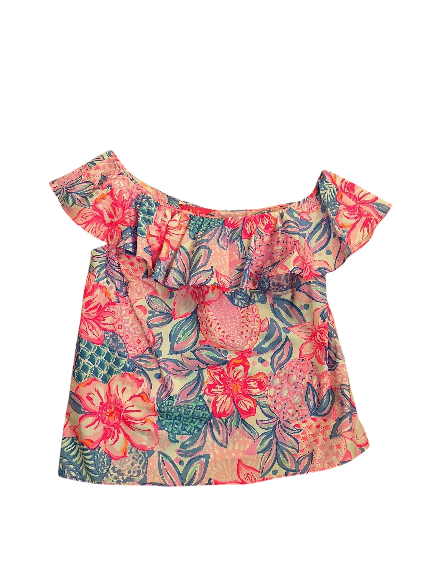 Lilly Pulitzer Zeldie One-Shoulder Ruffle Top Pink Isle Snappy Turtle - Size S
