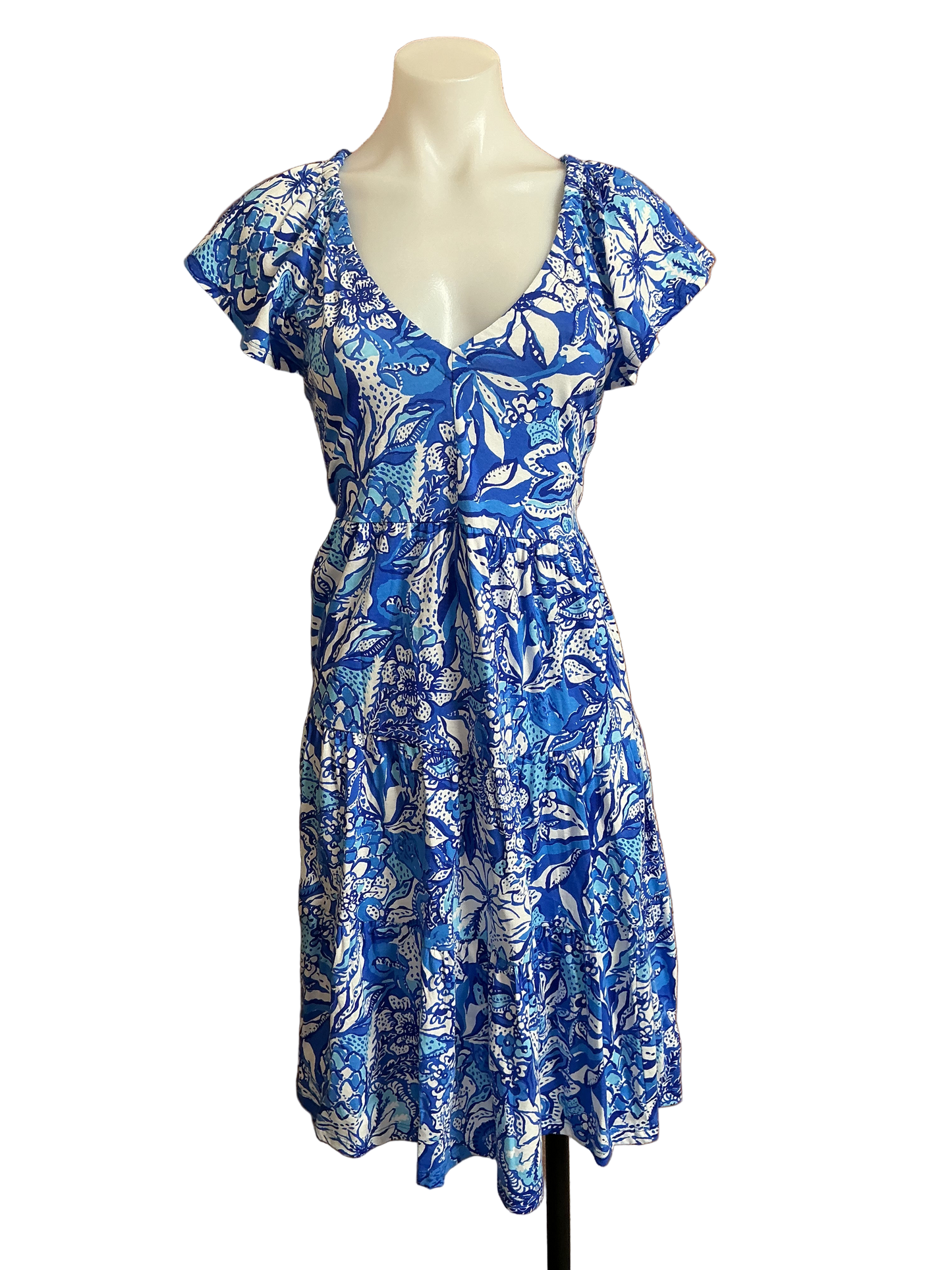 Lilly Pulitzer NWT Kawai Flutter Sleeve Dress Blue Tang Flocking Fabulous - Size S
