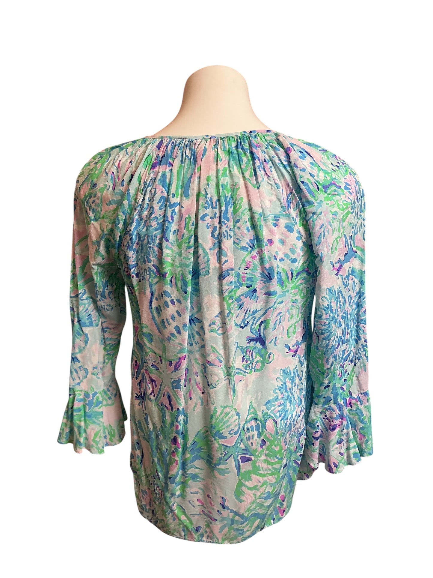 Lilly Pulitzer Willa Flounce Sleeve Aqua Blue Amethyst Tint Shell Top - Size XS