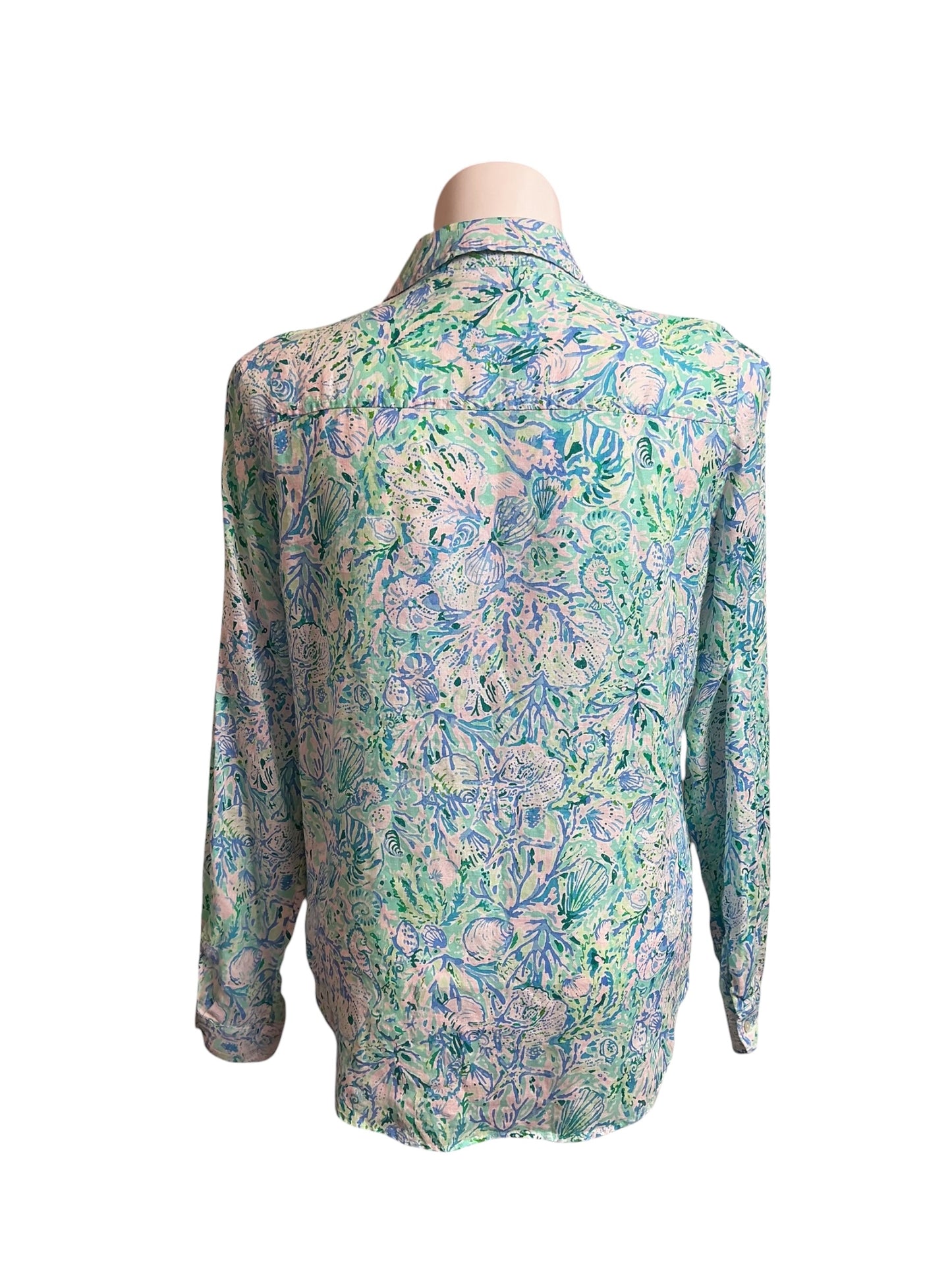 Lilly Pulitzer Sea View Linen Button Down Shirt Surf Blue Soleil It On Me - Size XL