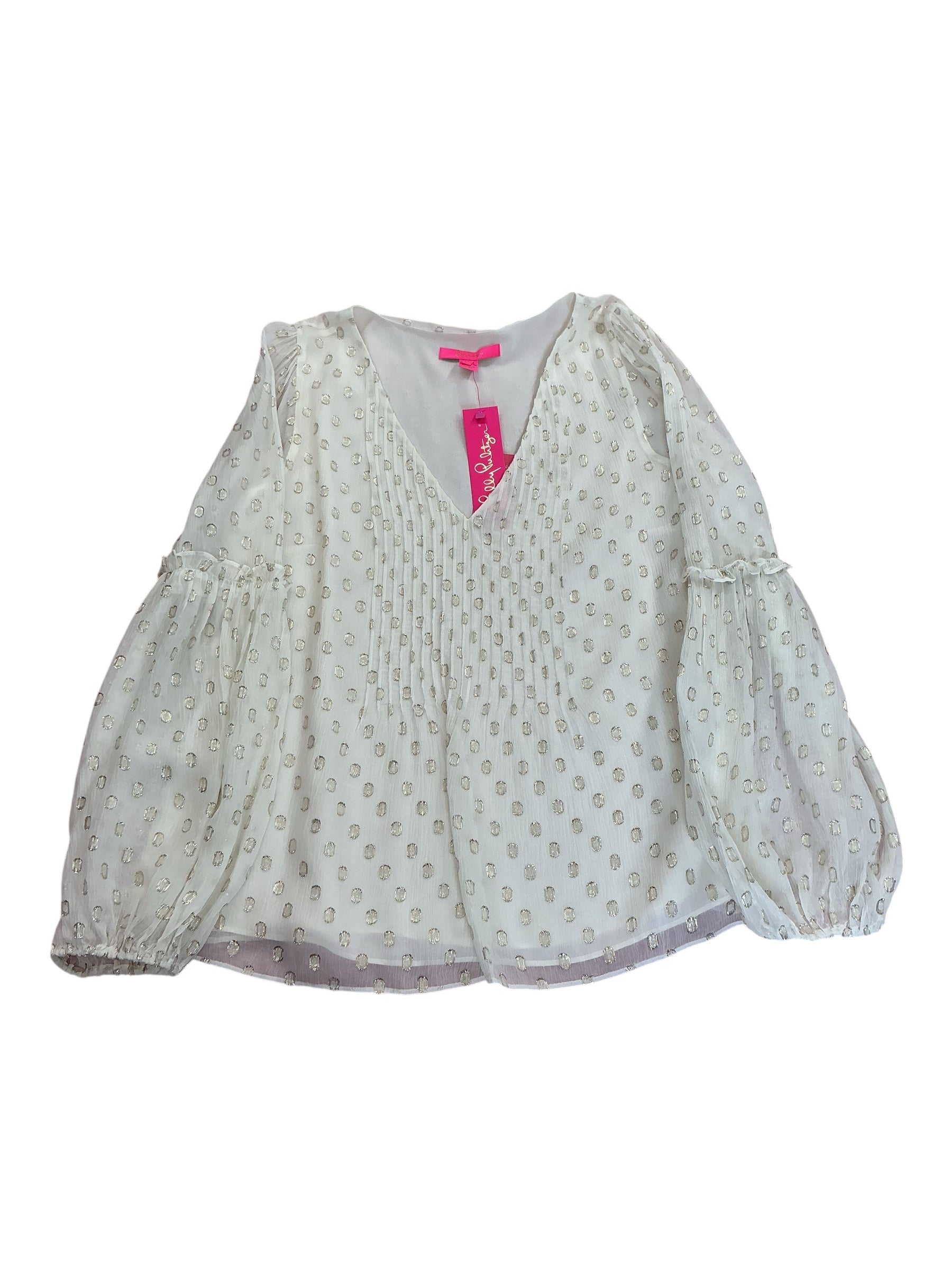 Lilly Pulitzer NWT Cleme Long Sleeve Top Coconut Viscose Metallic Clip - Size 14
