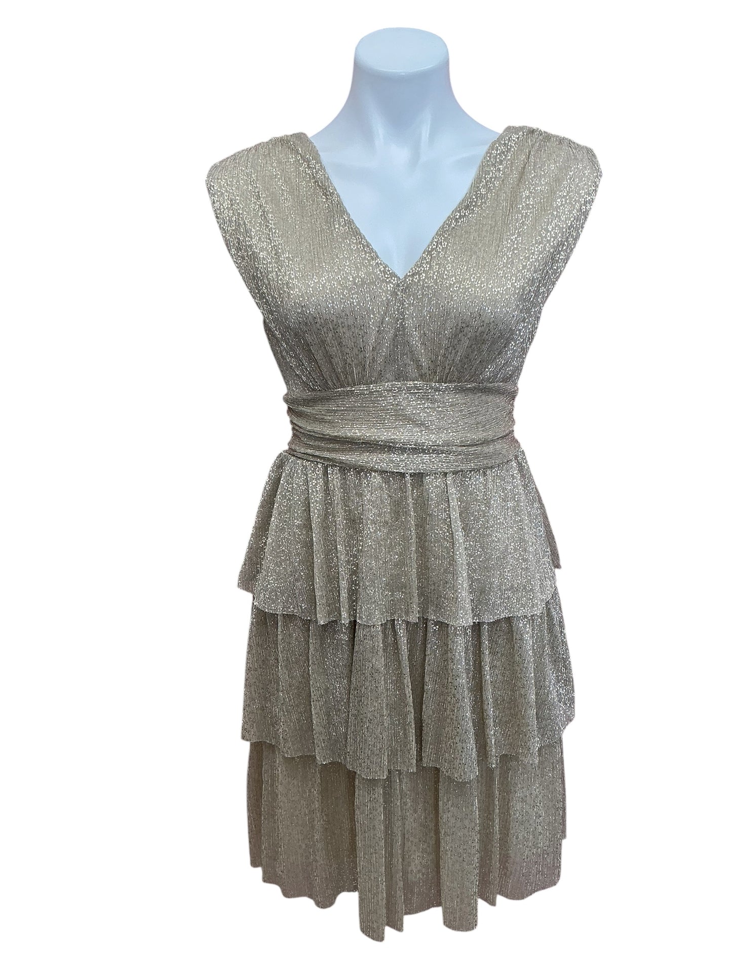 Lilly Pulitzer NWT Faye V Neck Ruffle Dress Gold Metallic Knit Crinkle - Size S