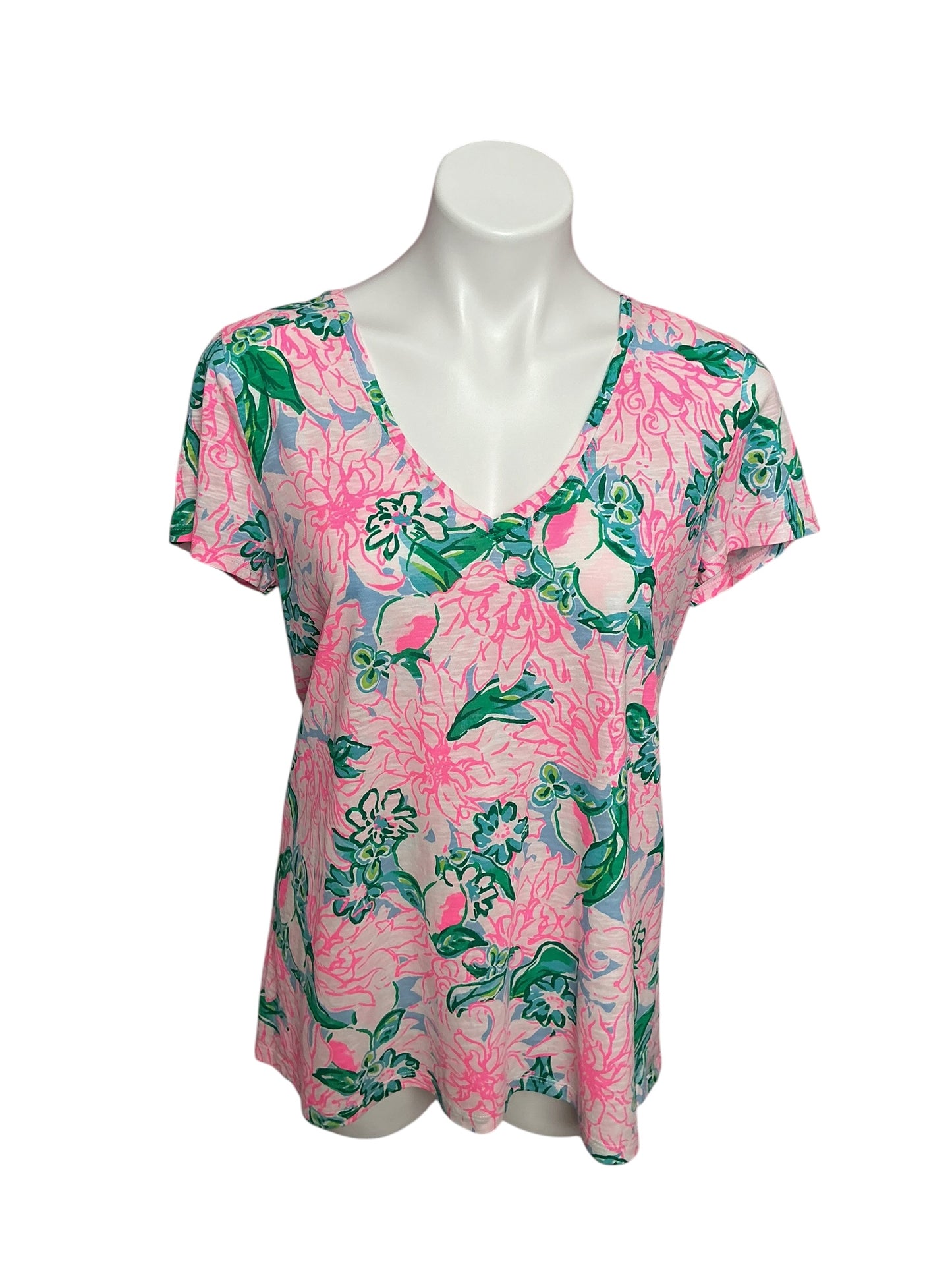 Lilly Pulitzer Etta V-Neck Top Pink Blossom Try Your Zest - Size M