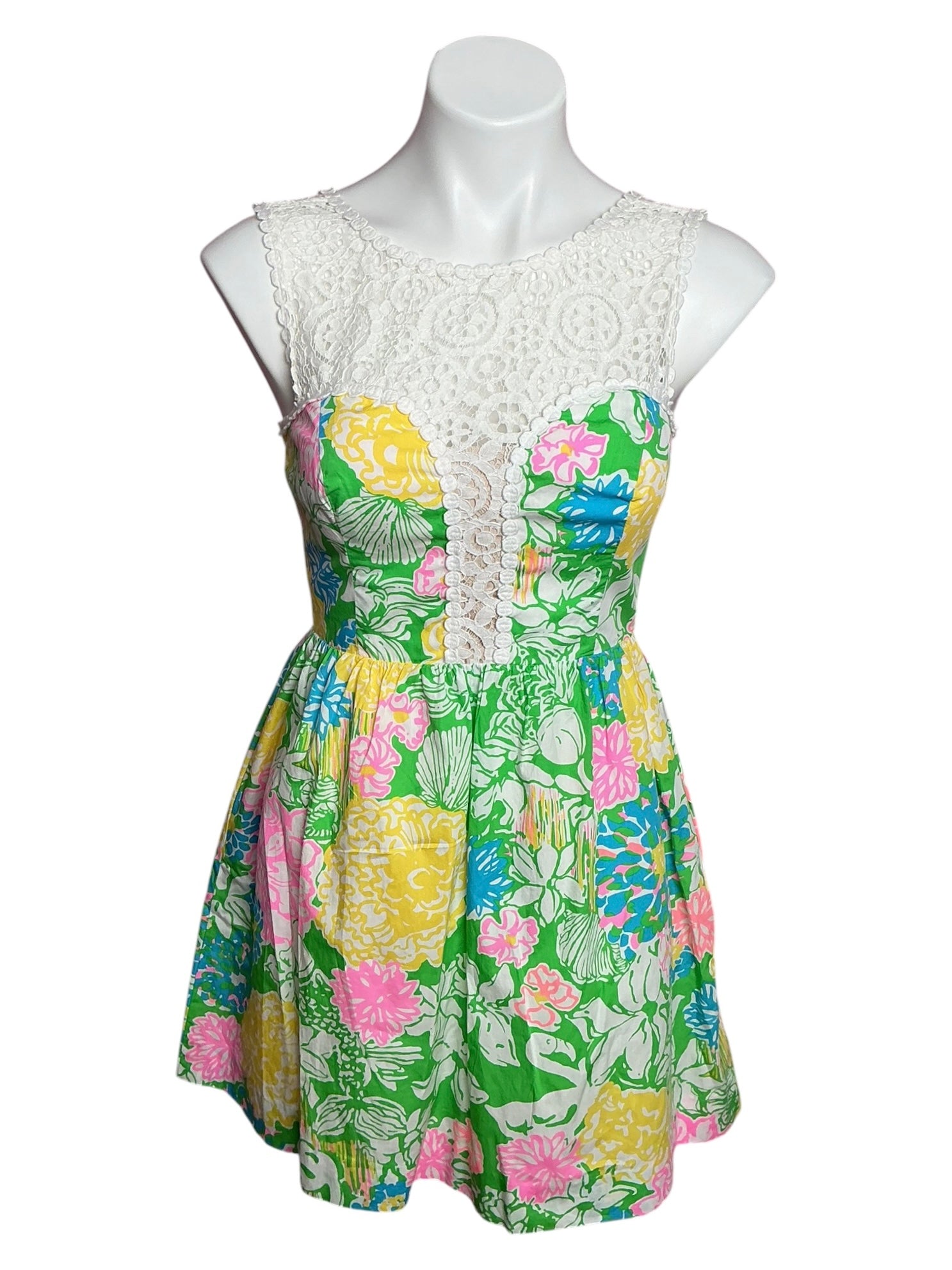 Lilly Pulitzer Raegan Lace Inset Fit & Flare Multi Hibiscus Stroll - Size 2