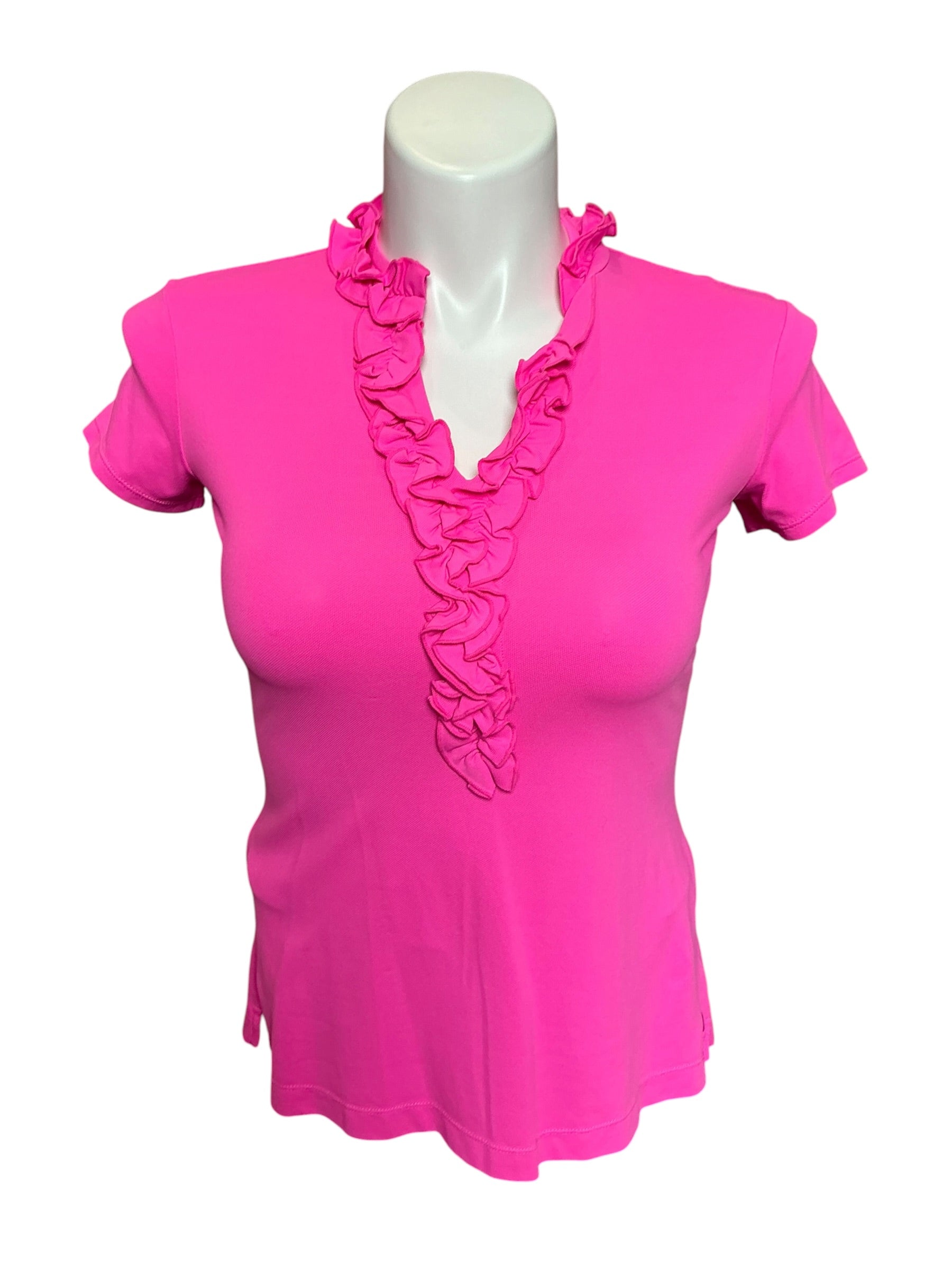 Lilly Pulitzer UPF 50+ Luxletic Frida Ruffle Polo Top Pink Isle - Size S