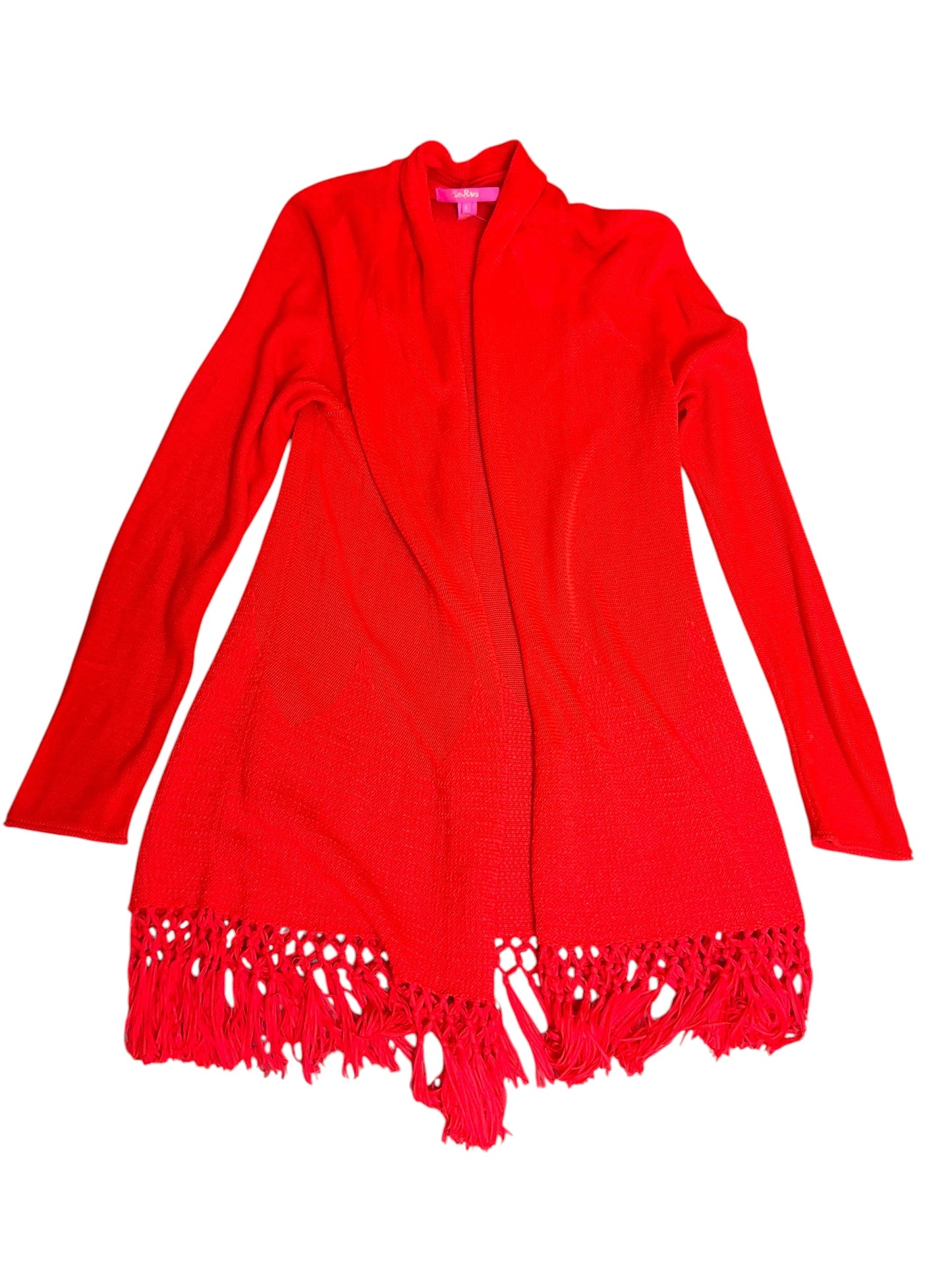 Lilly Pulitzer Tatum Long Fringe Hem Cardigan Ruby Red Metallic - Size L