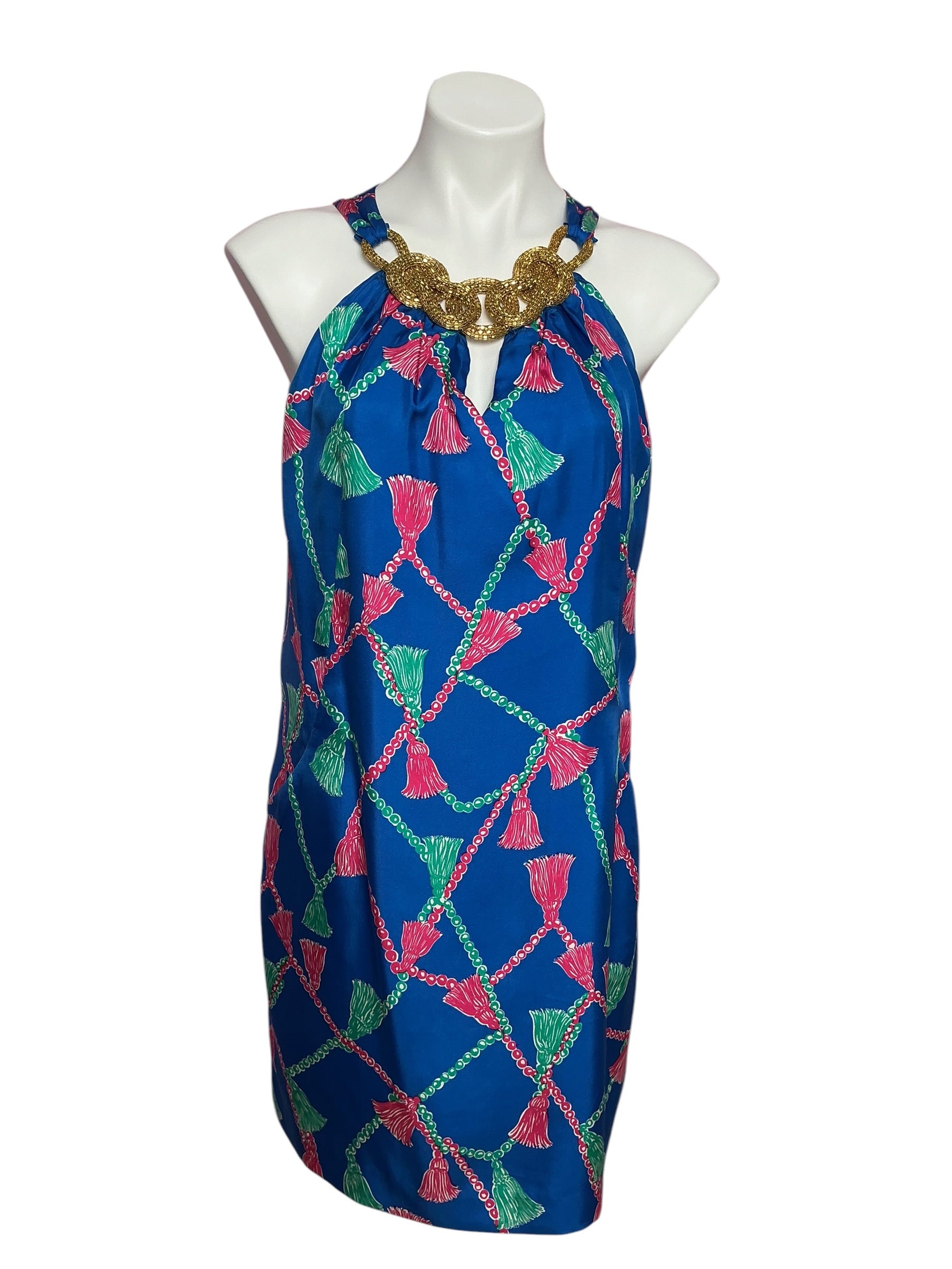 Lilly Pulitzer Gisele Dress Silk Twill Brewster Blue Tickle My Tassel  - Size 8
