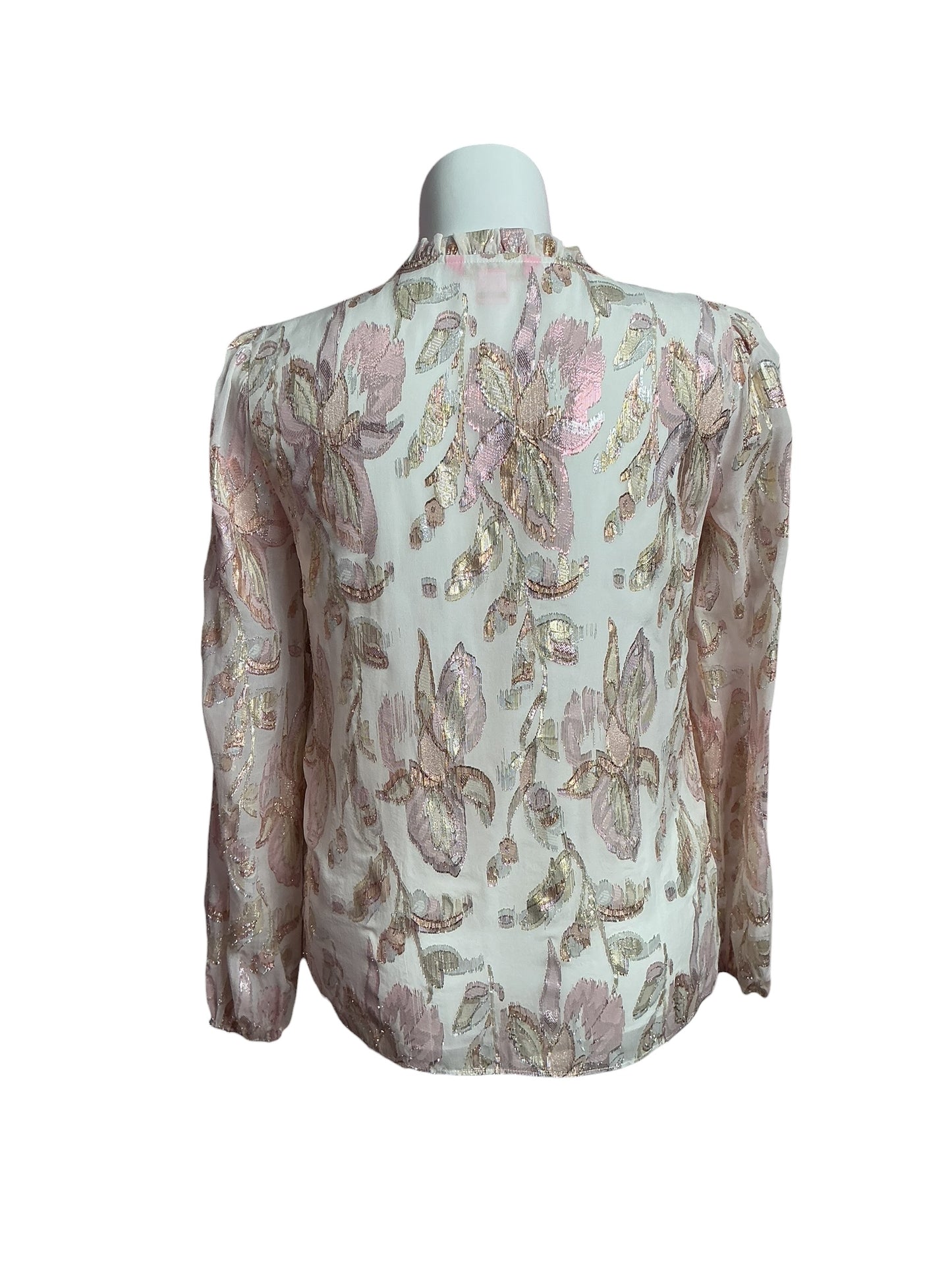 Lilly Pulitzer- Giana Silk Top Coconut Rose Gold Multi Floral Metallic Size M