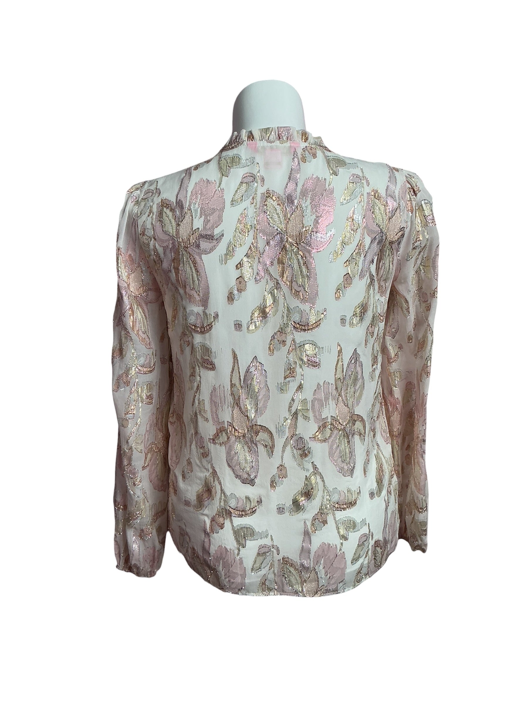 Lilly Pulitzer- Giana Silk Top Coconut Rose Gold Multi Floral Metallic Size M