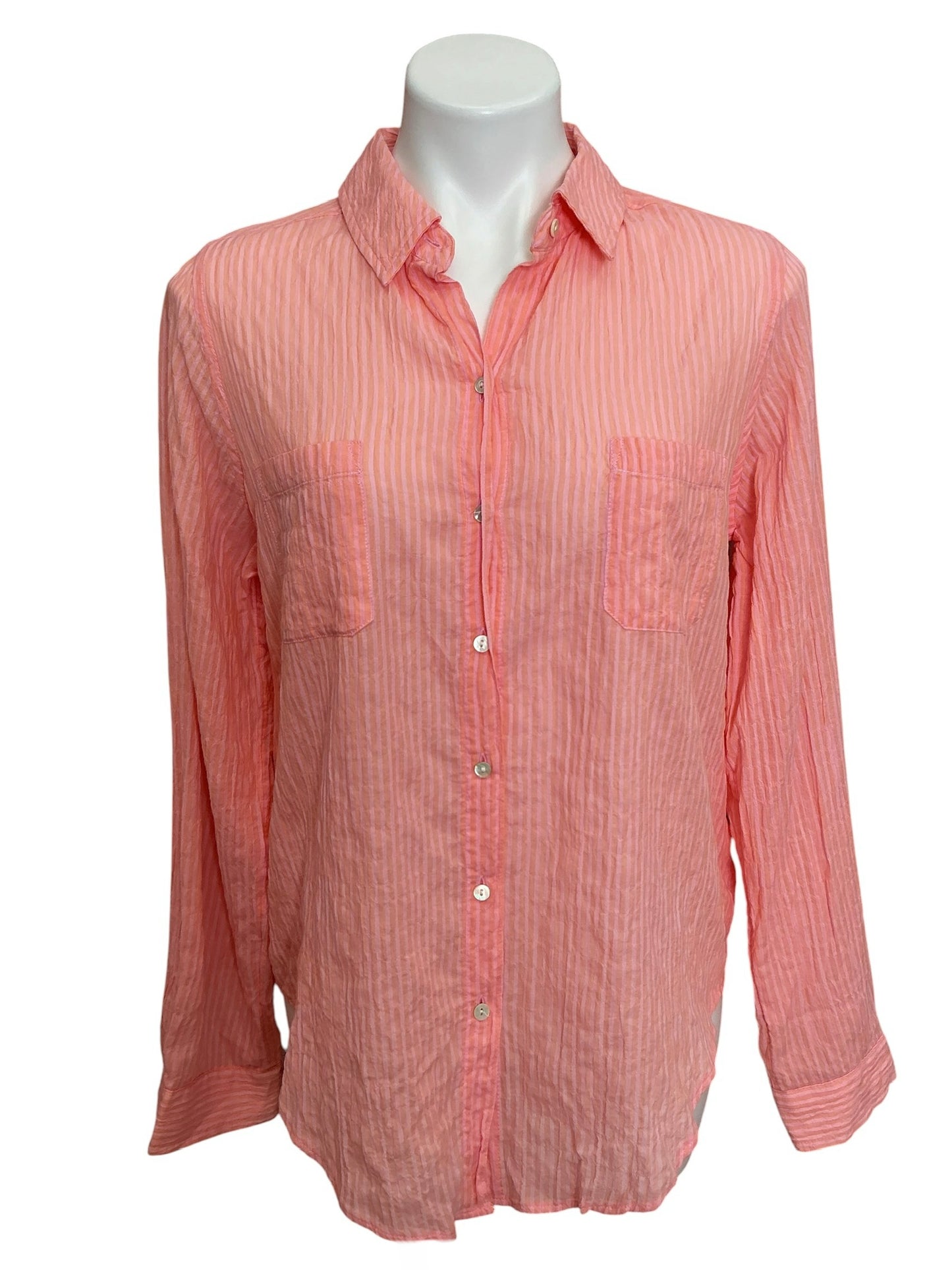 Lilly Pulitzer NWT Sea View Button Down Top Papaya X Conch Shell Pink Lightweight Oxford Shirting Stripe - Size S