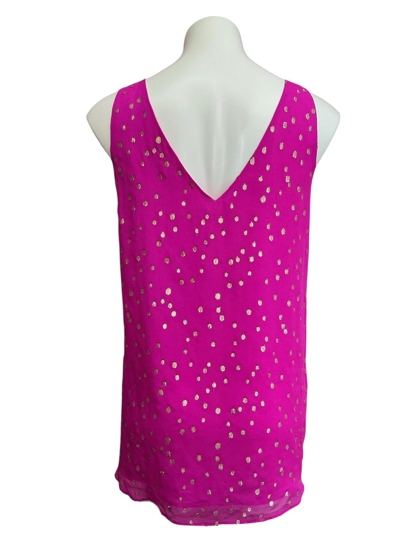 Lilly Pulitzer Florin Sleeveless V Neck Top Elderberry Gold Metallic Silk Clip - Size XL