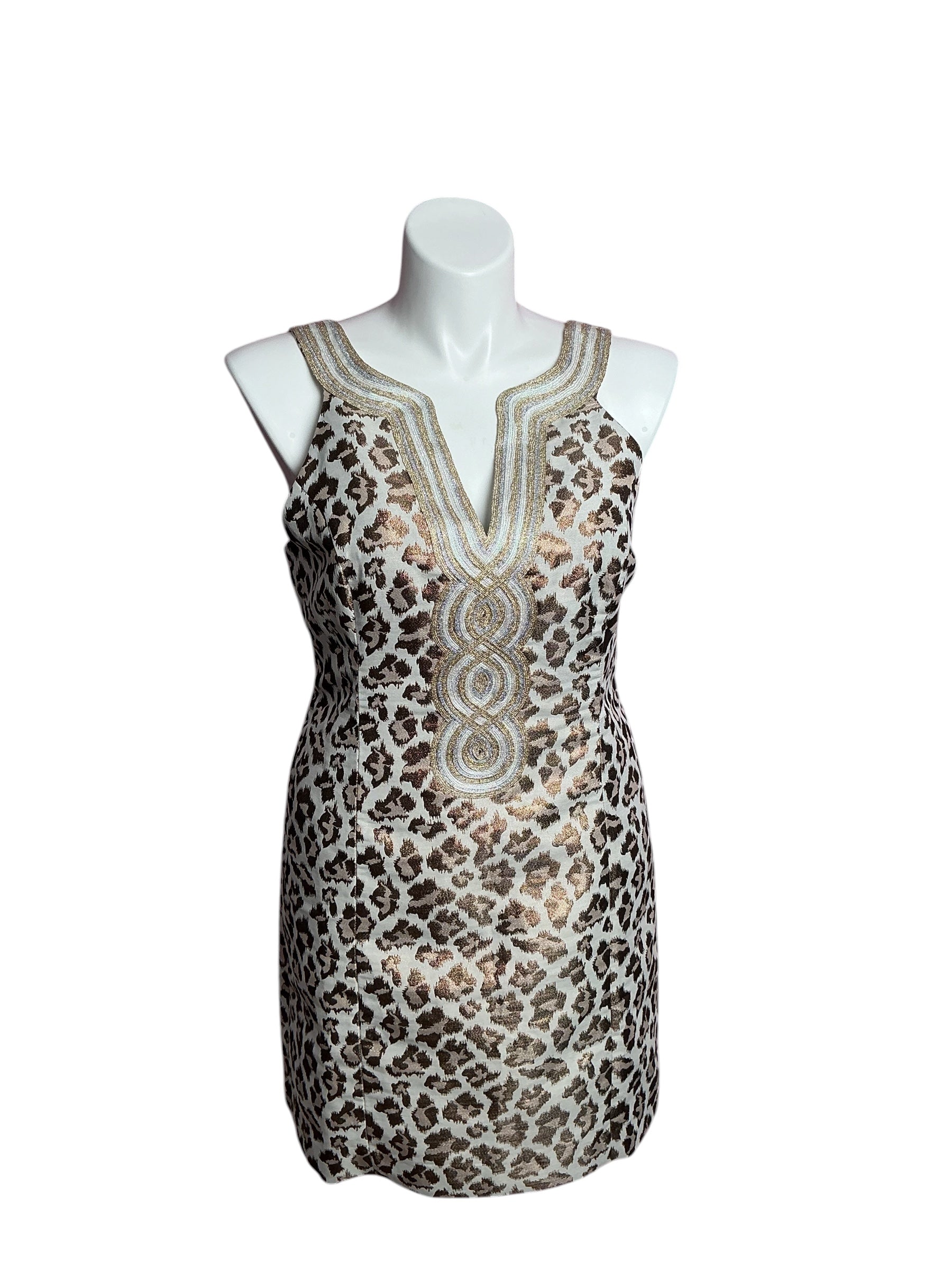 Lilly Pulitzer- Valli Shift Dress Gold Metallic Leopard Jacquard Size 14