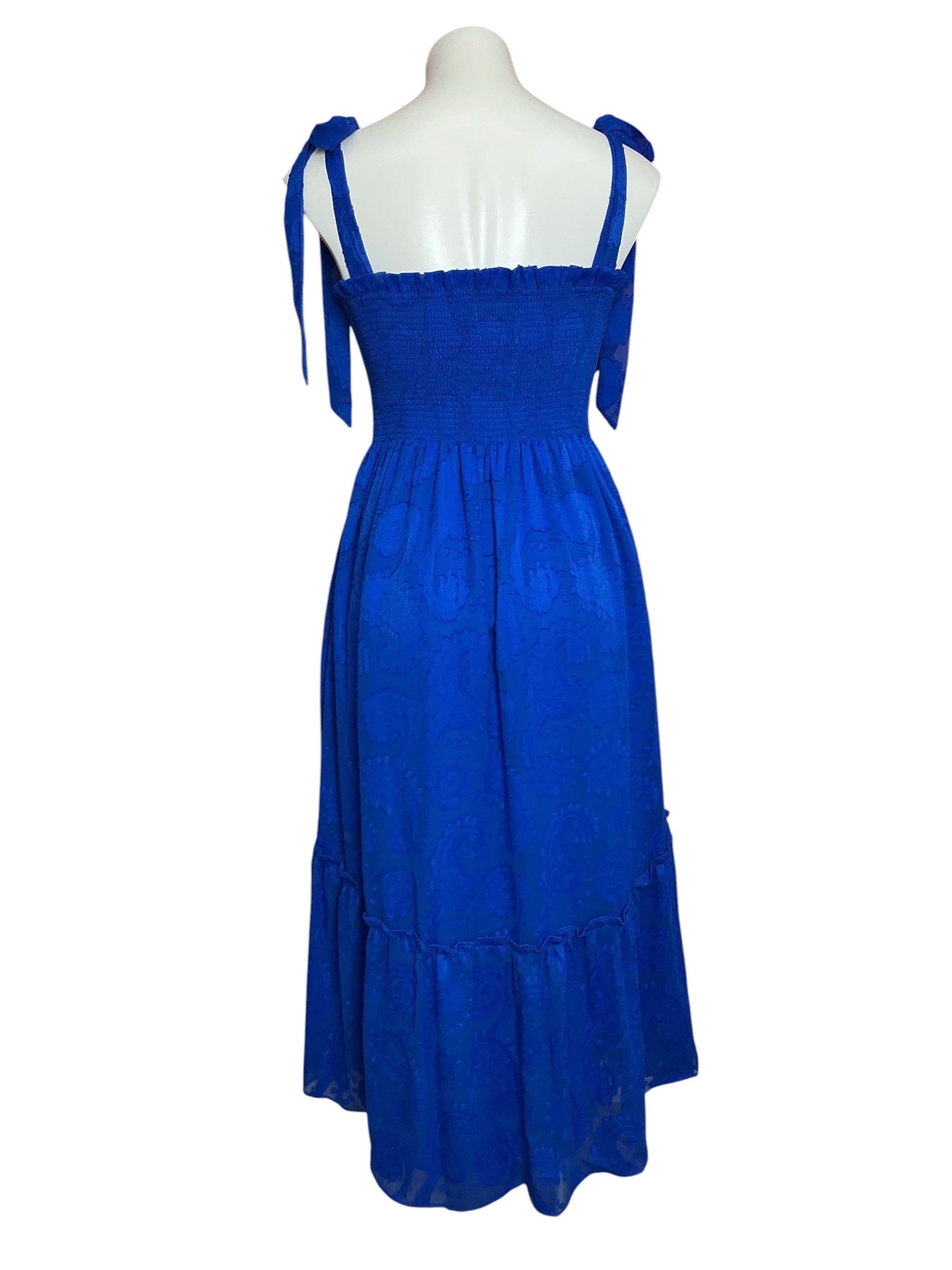 Lilly Pulitzer Rivera Smocked Midi Dress Blue Grotto Tangerine Dream Poly Clip Jacquard - Size XS