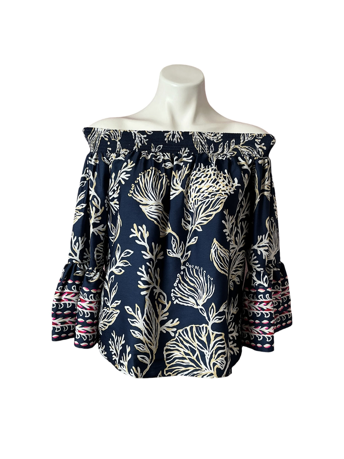 Lilly Pulitzer Kaori 3/4 Sleeve Off-The-Shoulder Top Low Tide Navy Coastal Locale - Size XS
