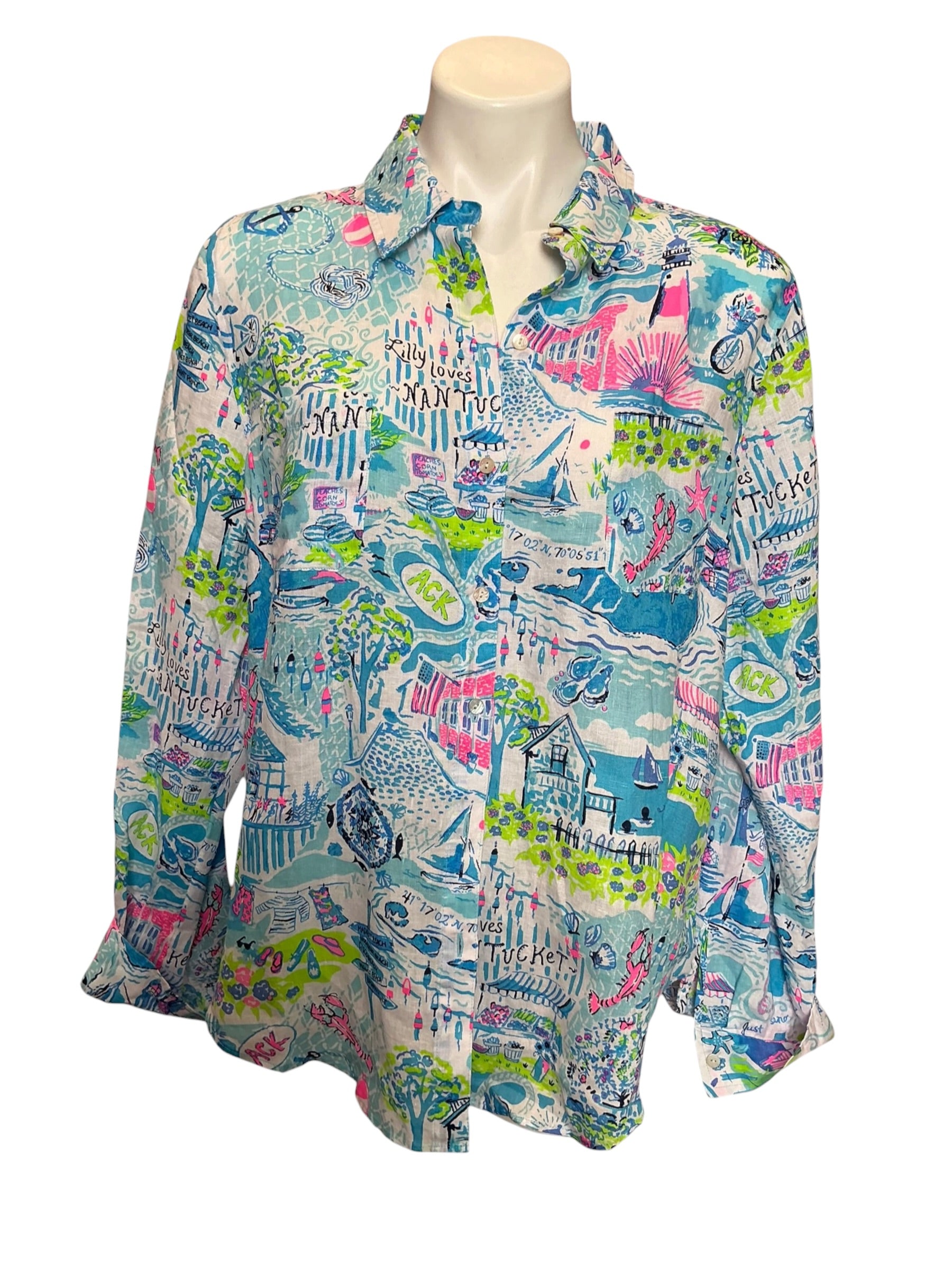 Lilly Pulitzer Sea View Button-Down Shirt Lilly Loves Nantucket - Size L