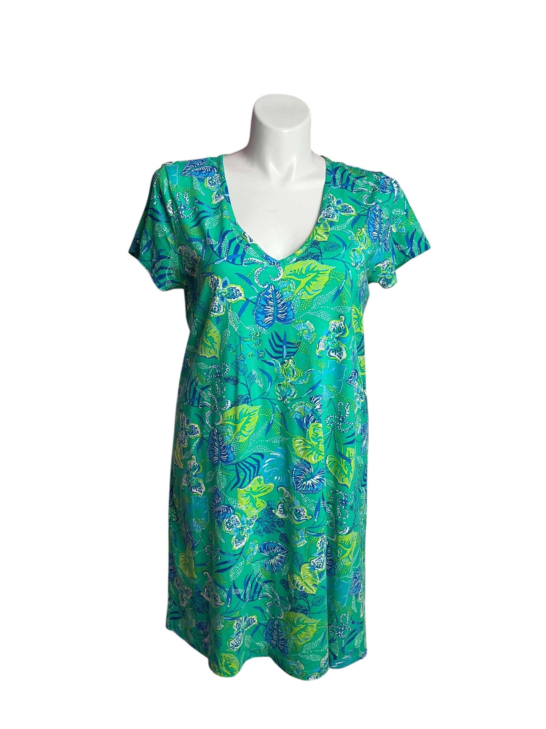 Lilly Pulitzer- Etta V-Neck T-Shirt Dress Botanical Green In A Flutter Size XL