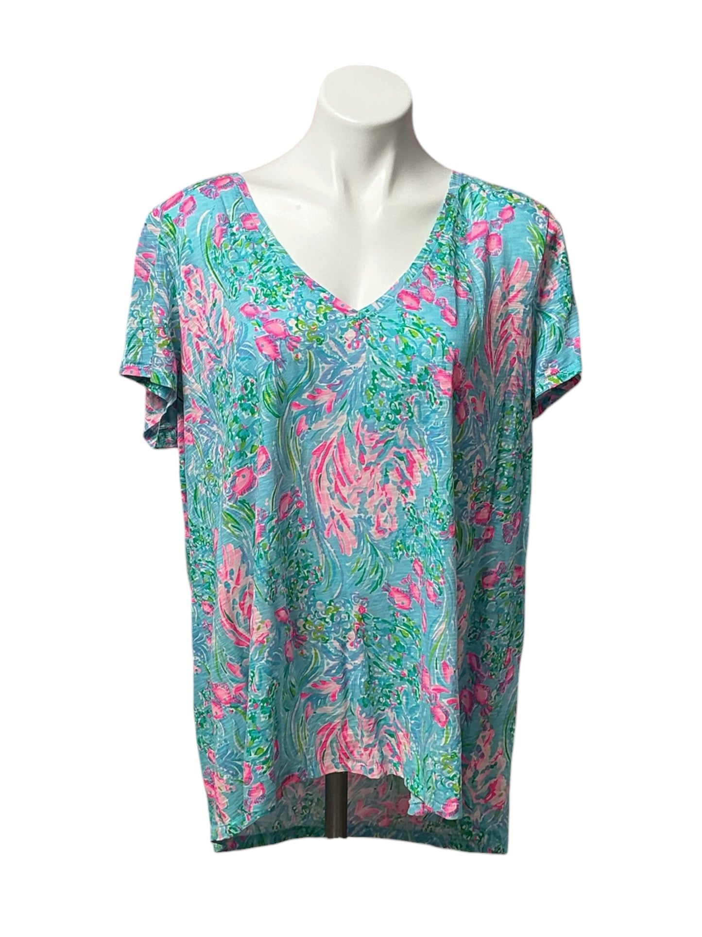Lilly Pulitzer Etta V-Neck Top Amalfi Blue Best Fishes - Size XXL
