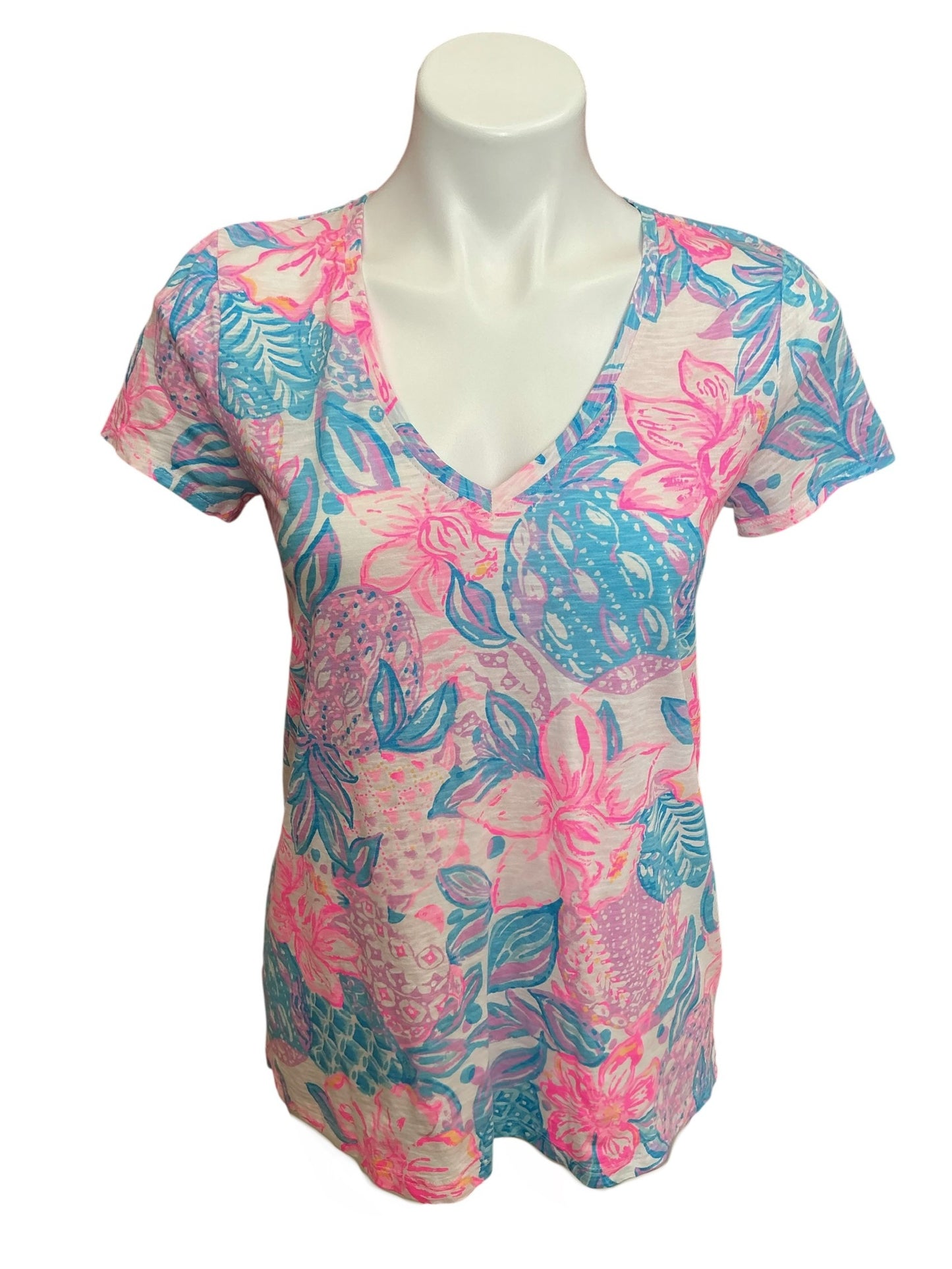 Lilly Pulitzer Etta V-Neck Tee Top Snappy Turtle - Size XS