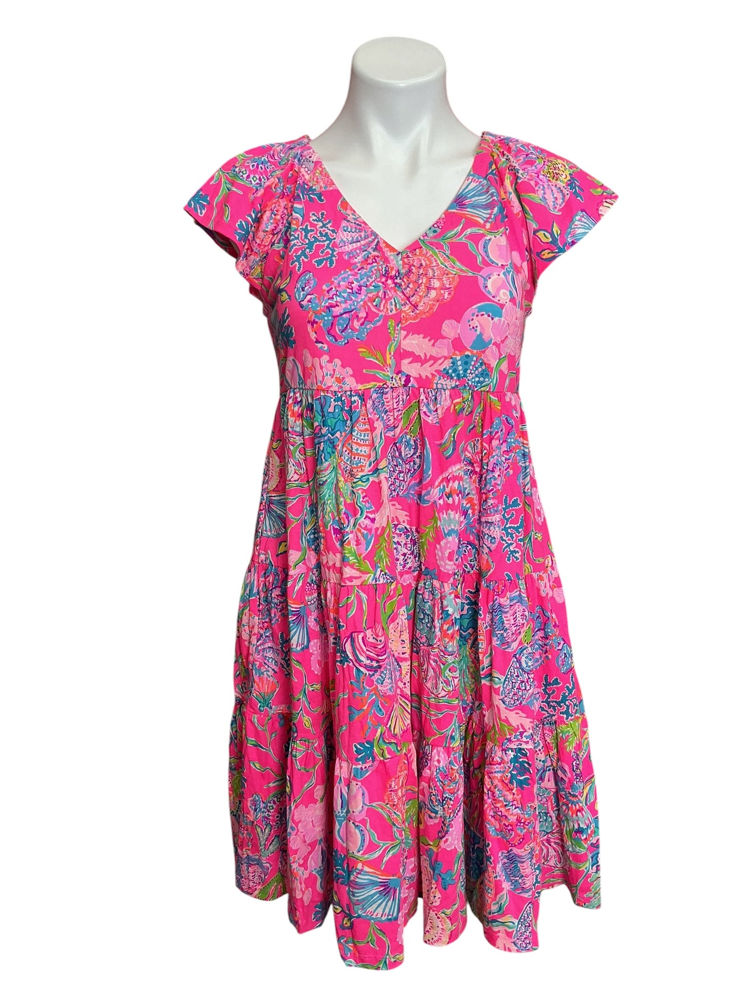 Lilly Pulitzer Kawai Flutter Sleeve Dress Pink Isle Shell Me Something Good - Size XS