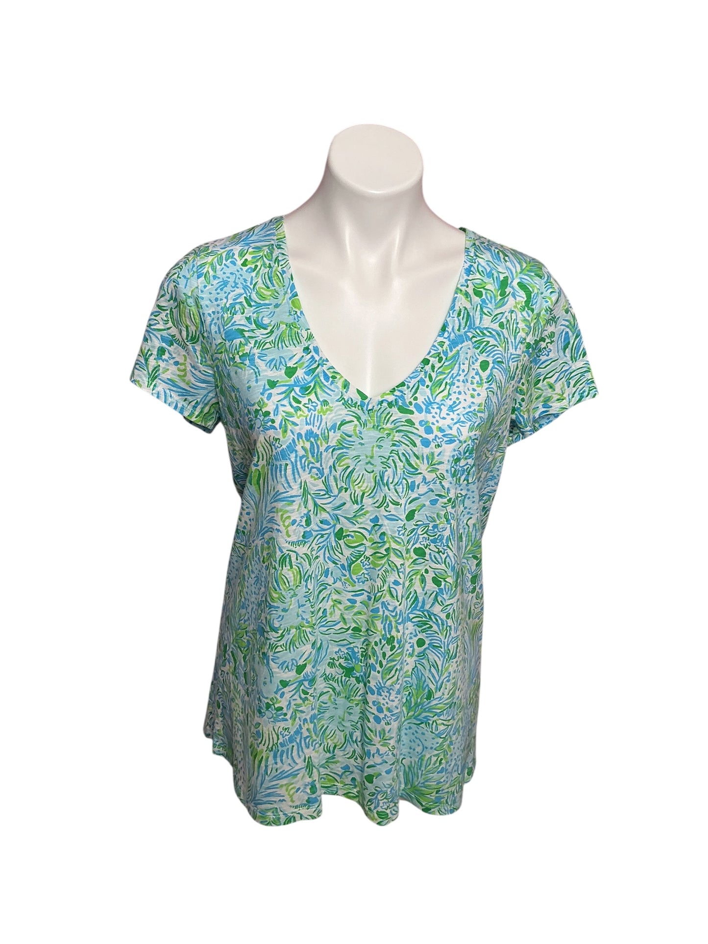 Lilly Pulitzer Etta V-Neck Top Hydra Blue Dandy Lions - Size M