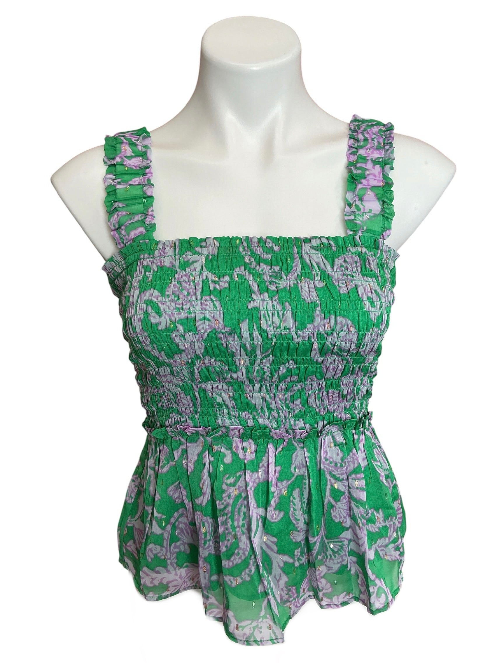 Lilly Pulitzer Hadly Smocked Top Brazilian Green Salty Sandbar - Size S
