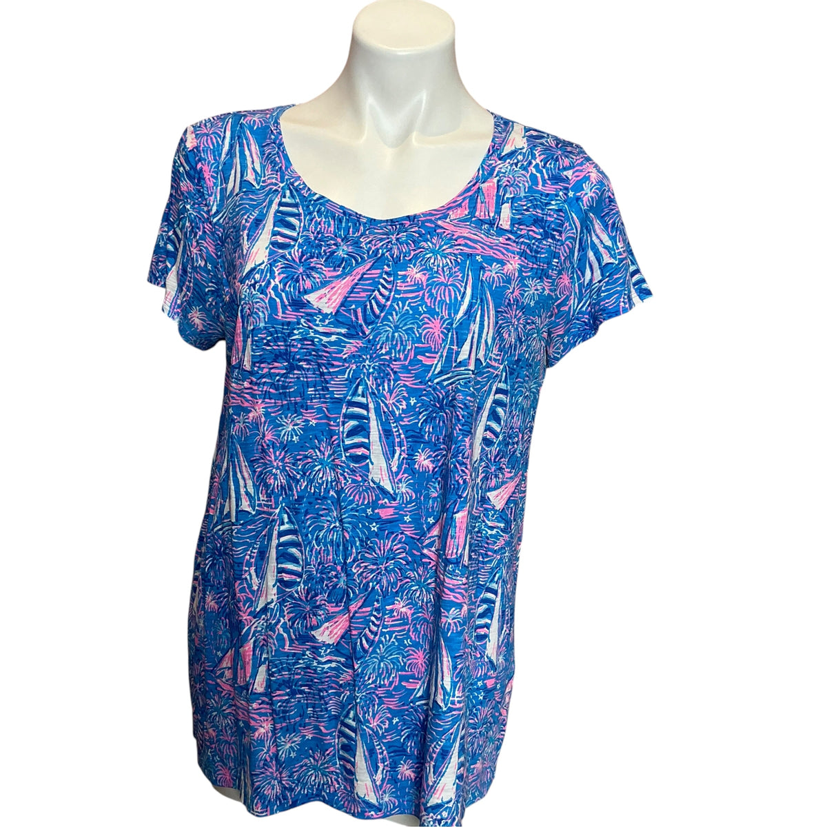 Lilly Pulitzer Etta Scoop Neck Tee Boca Blue It's A Sailabration - Size L