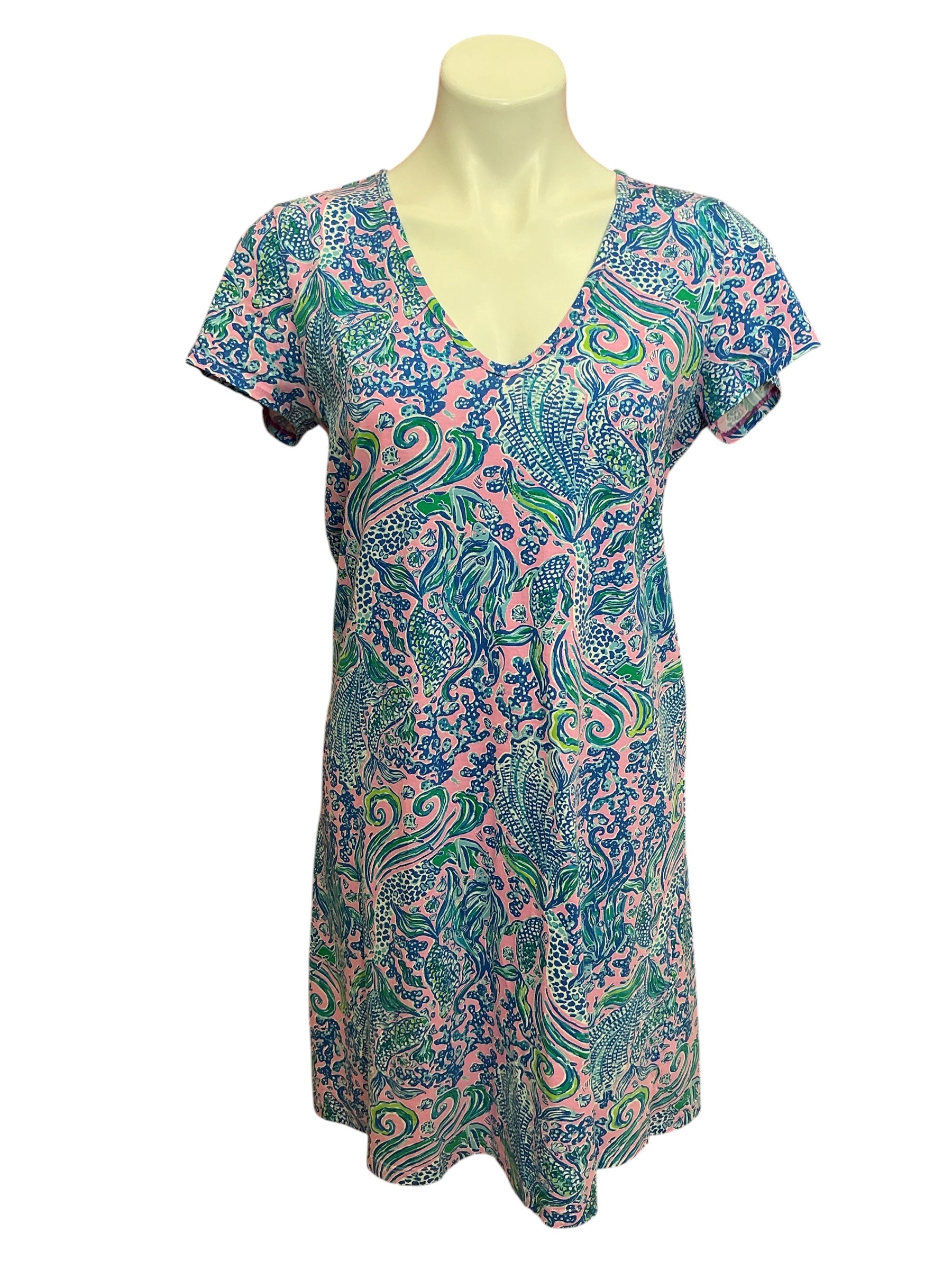 Lilly Pulitzer Etta V Neck Short Sleeve Dress Lilac Rose We Mermaid It - Size M